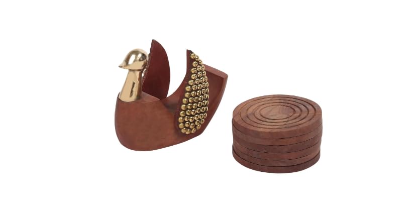 SHAMSI ARTS 6-Piece Wooden & Brass Duck Coaster Set for Dining Table, Coffee Mugs, Beer Cans, Bar Glasses – Elegant Tea Cup Coasters with Stand in Brown | Perfect for Home Decor, Kitchen, Office & Gift Giving