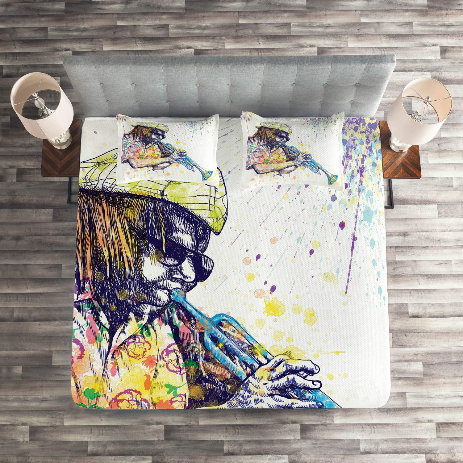 Ambesonne Jazz Music Quilt Set - King Size 3-Piece Bedspread with Trumpeter Illustration & Paint Splashes Design, Purple & Yellow Decorative Coverlet with 2 Pillow Shams | Perfect for Jazz Lovers' Bedroom, Music Themed Guest Room & Bohemian Home Decor