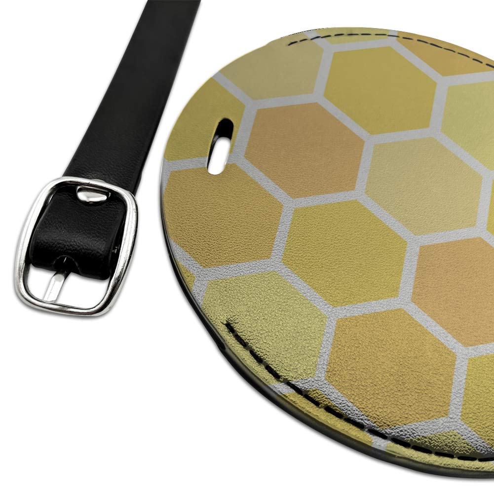 Yellow Honeycomb Pattern Round Leather Luggage Tag - Durable Suitcase ID Card Holder for Travel Bags | Perfect for Carry-Ons, Checked Luggage & Backpack Identification