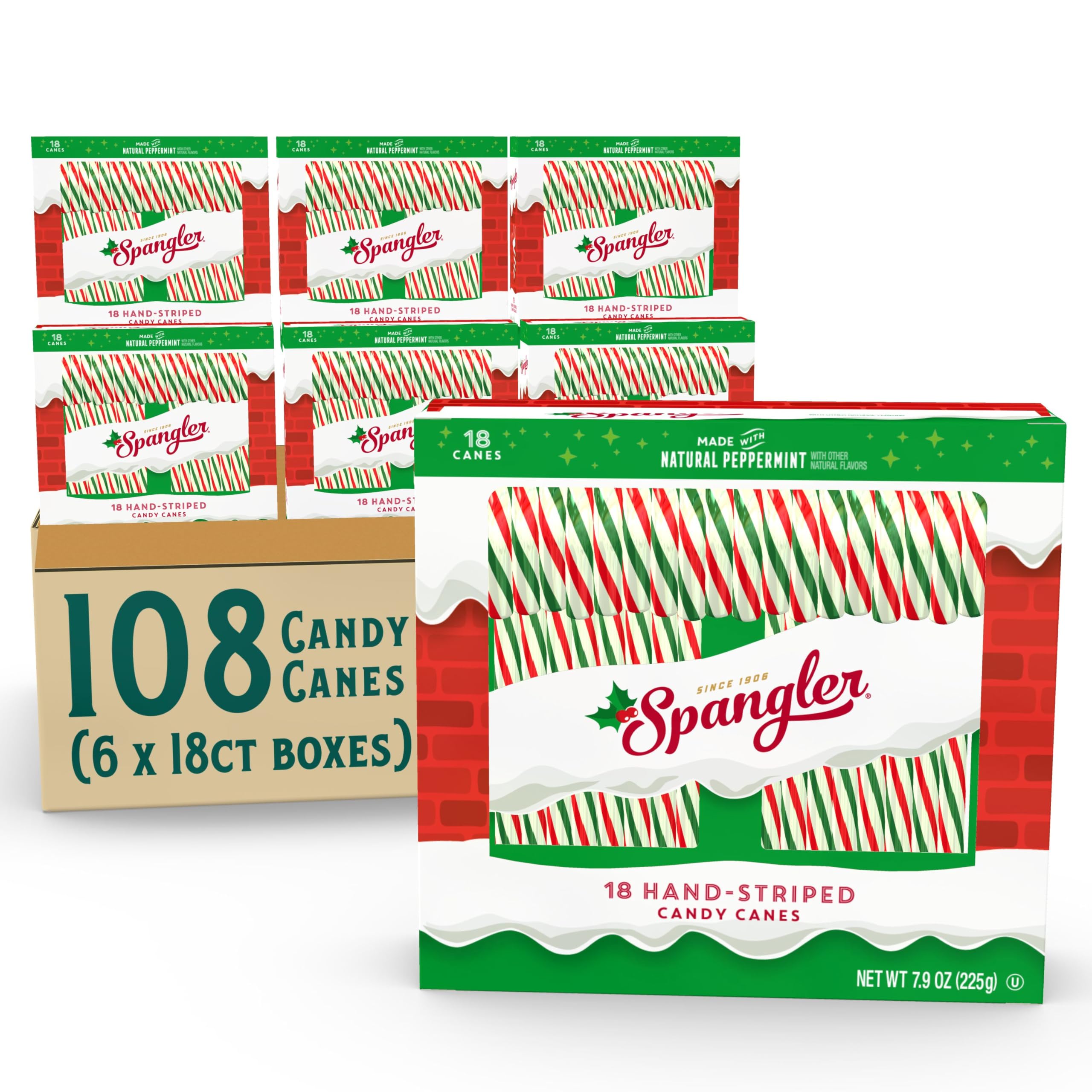 Spangler Classic Red, Green & White Peppermint Candy Canes - Natural Peppermint Flavor, Gluten Free, OU Kosher Certified - 108 Individually Wrapped Canes (6-18 Count Boxes) - Perfect for Christmas Stockings, Holiday Parties & Office Treats