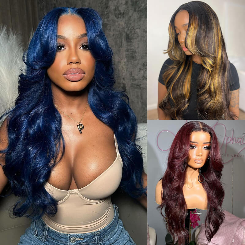 Eullair Pre-Colored Blue 99J Burgundy Layered Cut Body Wave Human Hair Wig with Curtain Bangs | Lace Front Wig for Women | Perfect for Cosplay, Daily Wear & Special Occasions