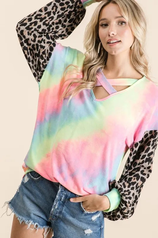 BiBi Tie Dye Terry Crop Top with Leopard Print Puff Sleeves | Trendy Women's Fashion for Summer, Music Festivals & Beach Outfits