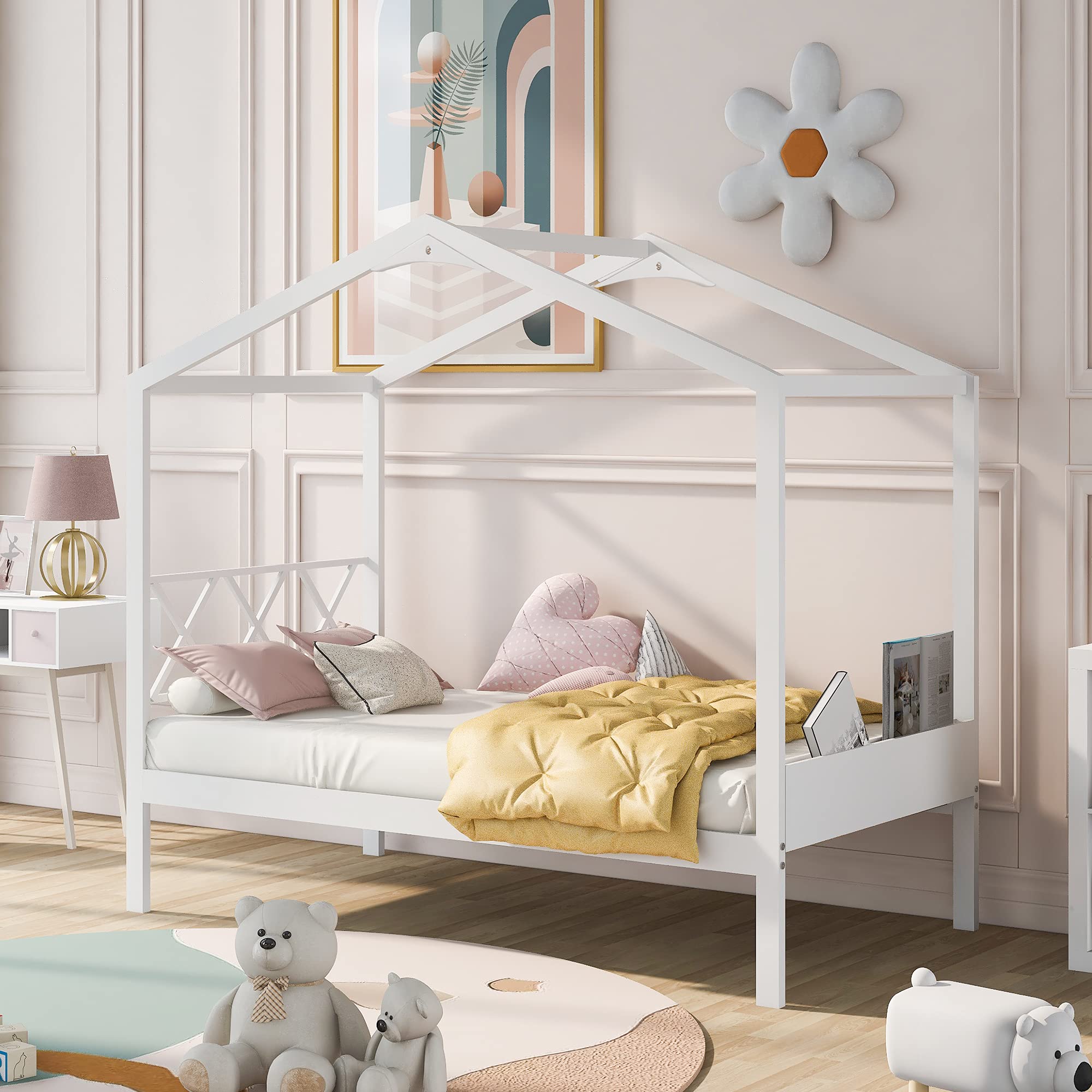 Wooden Twin House Bed Frame for Kids - No Box Spring Needed, Easy Assembly, White - Perfect for Children's Bedrooms, Playrooms & Themed Sleepovers