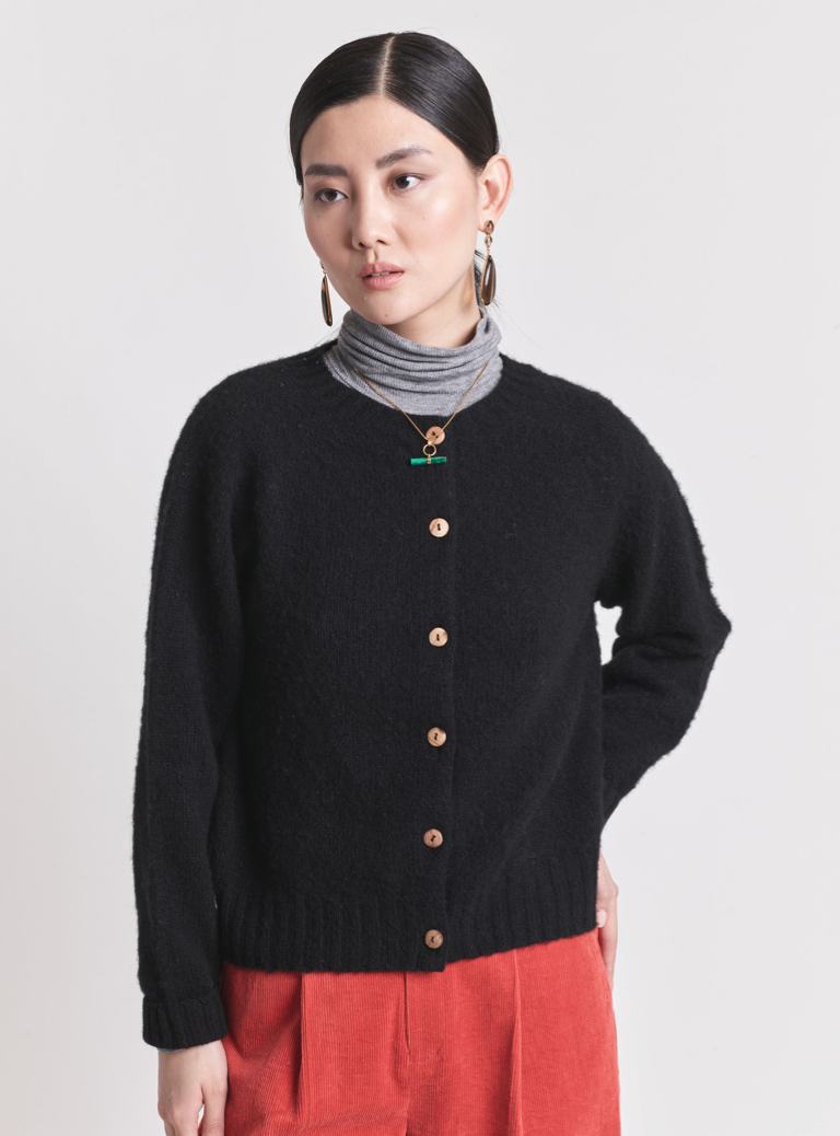Lowie Black Brushed Boxy Cardigan for Women - Soft Oversized Knit Sweater | Cozy Fall Winter Layering Piece for Casual Outfits & Office Wear