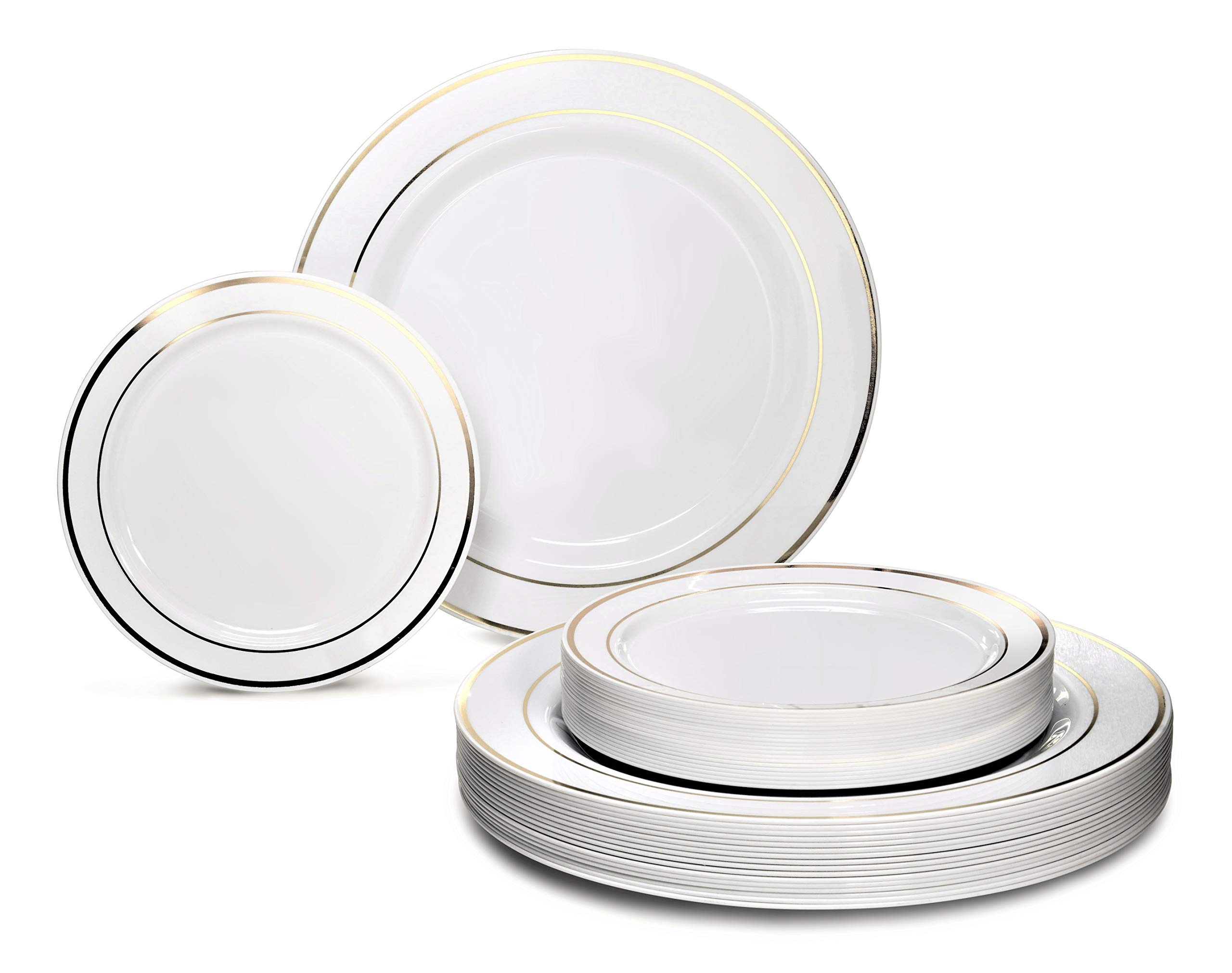 600 Pcs Wedding Disposable Plastic Plate and Silverware Set - 120 x 9'' Luncheon Plates, 120 x 6.25'' Dessert Plates, 120 Forks, 120 Knives, 120 Spoons (White with Gold Rim) - Elegant Disposable Tableware for Weddings, Parties, and Special Events