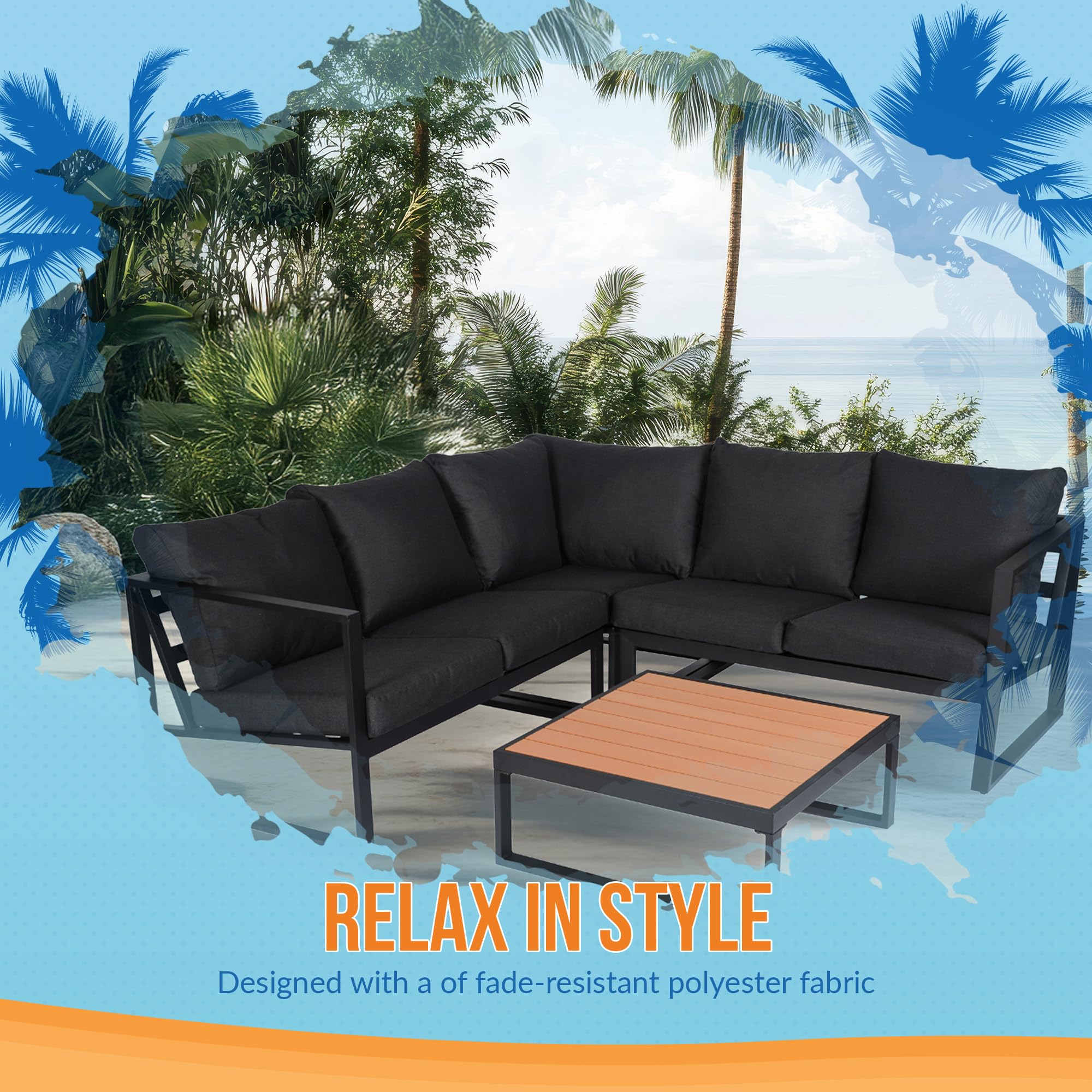 Monaco Outdoor Patio Sectional Furniture Set – 2 Loveseats, 1 Corner Sofa with Cushions & Coffee Table – Weatherproof Powder-Coated Aluminum Frame – Modern Slate Grey Outdoor Sectional – Perfect for Poolside, Garden or Backyard Relaxation