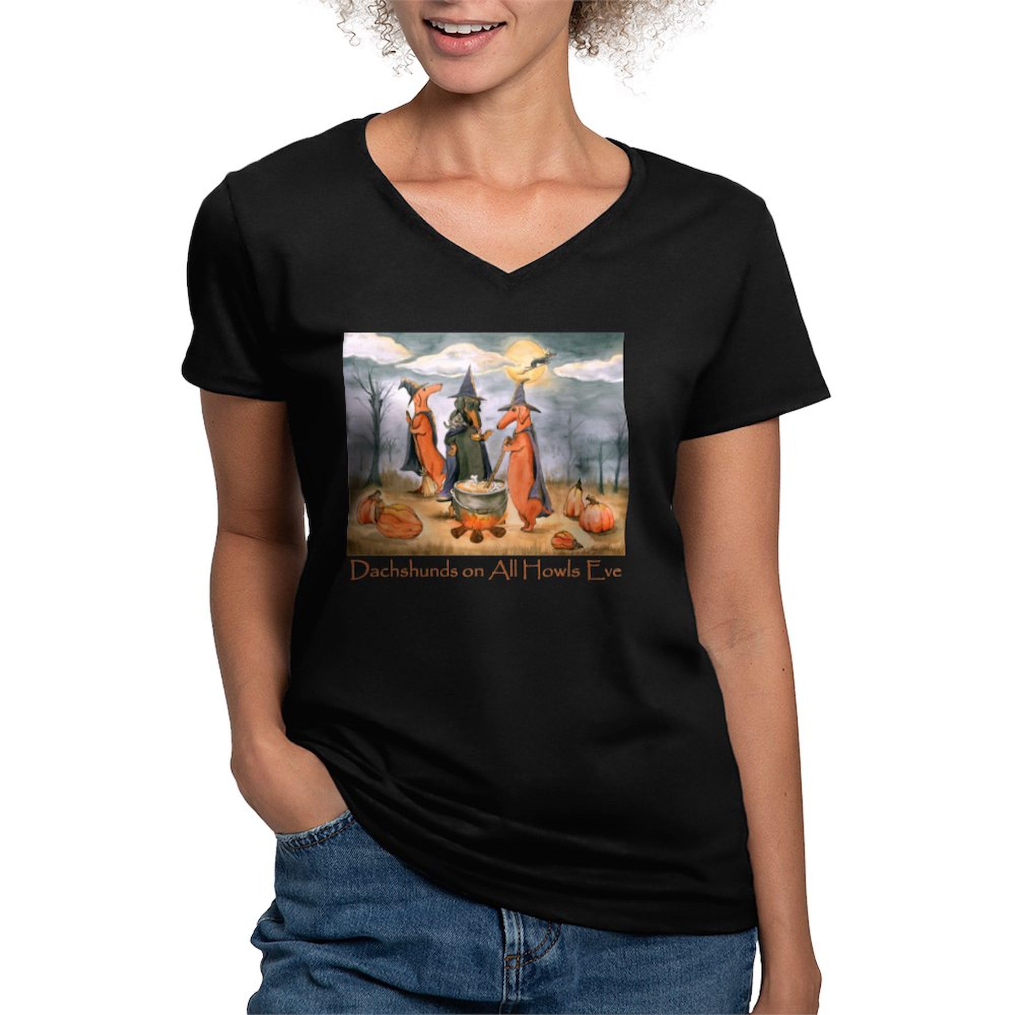 Halloween Dachshunds Women's Cotton V-Neck T-Shirt | Funny Dog Lover Gift | Perfect for Halloween Parties & Casual Wear