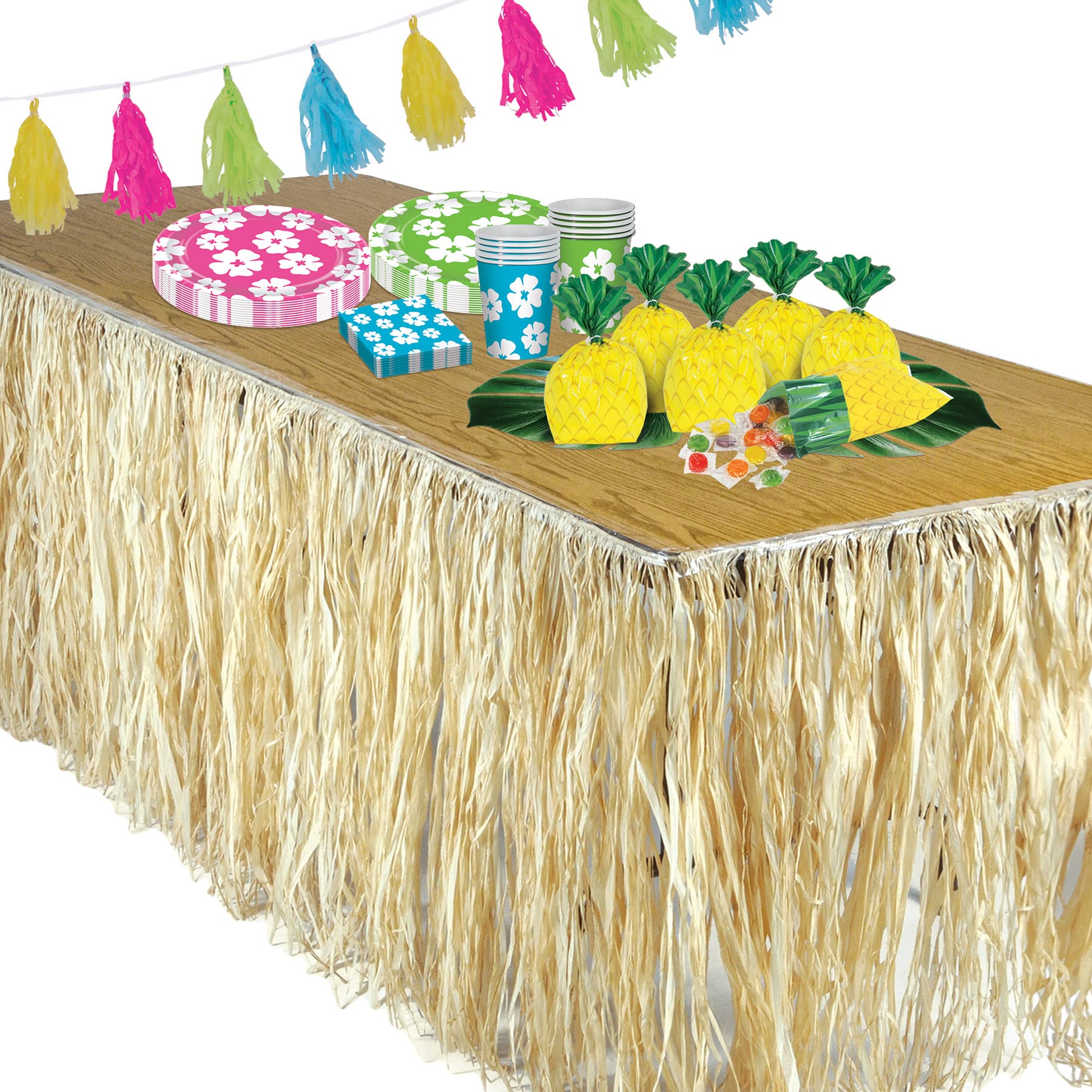 Beistle 3-Piece Natural Raffia Table Skirts for Hawaiian Luau Party Decorations, Tropical Beach Theme Tableware, 30