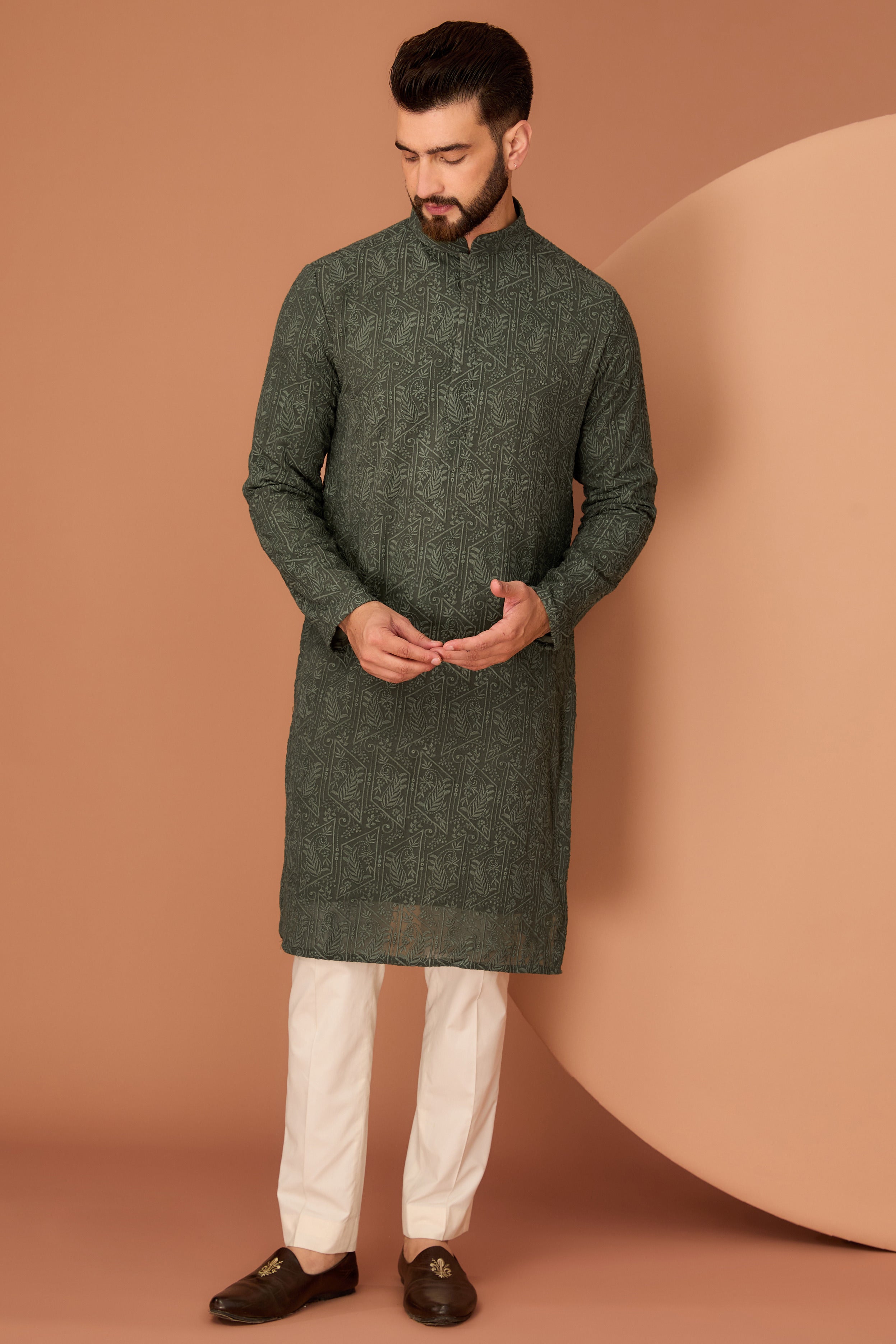 Stylish Military Green Chikankari Kurta with Paisley Embroidery – Perfect for Ethnic Wear, Festivals & Special Occasions