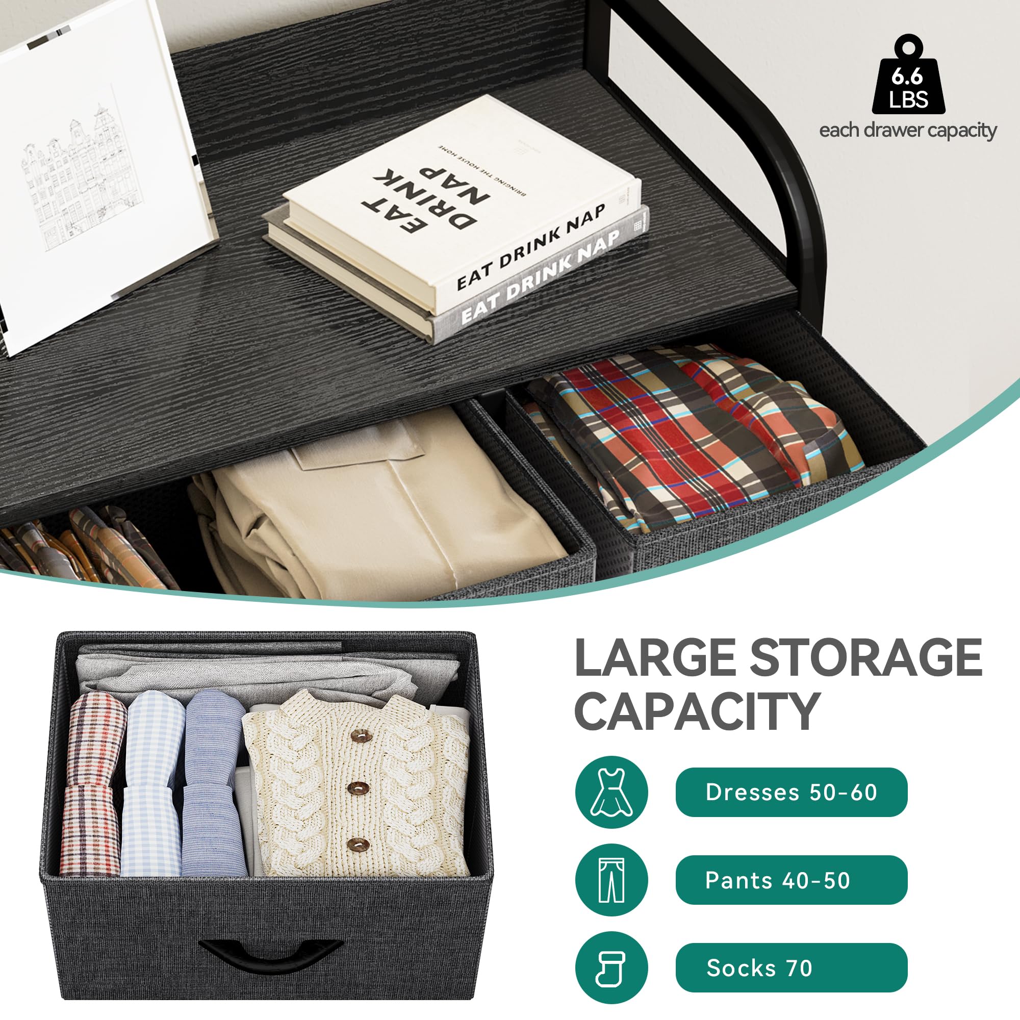 YITAHOME 7-Drawer Fabric Dresser with Large Capacity - Sturdy Steel Frame & Wooden Top Storage Tower for Living Room, Bedroom, Closet - Easy Pull Fabric Bins (Black/Grey) - Perfect for Organizing Clothes, Toys & Home Essentials