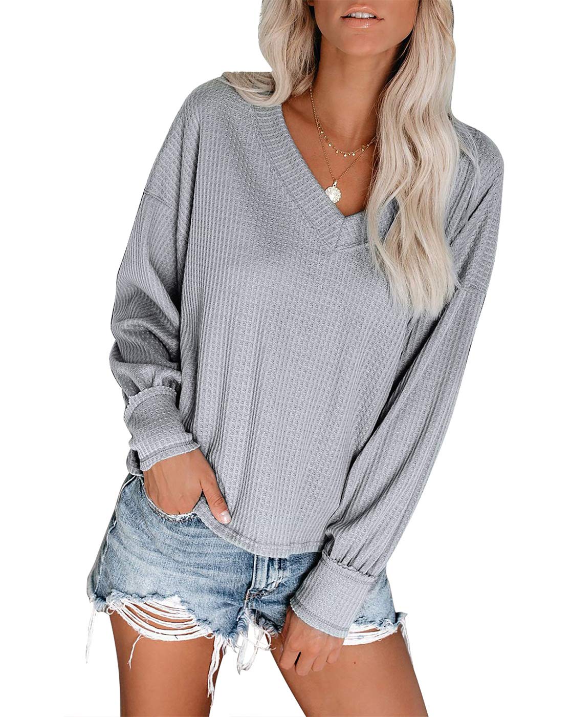 Women's V-Neck Long Sleeve Waffle Knit Blouse - Off Shoulder Pullover Sweater Top for Casual Wear, Office & Date Nights