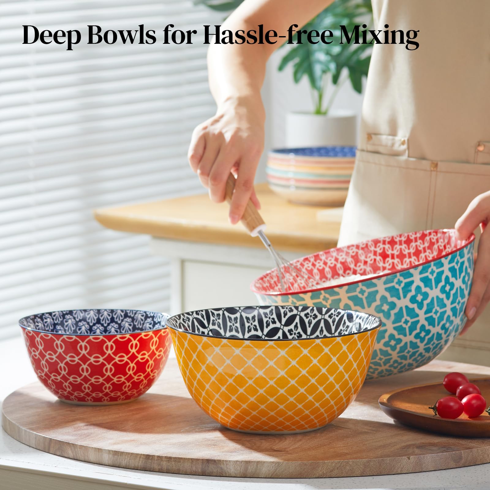 DOWAN 3-Piece Ceramic Mixing Bowls Set (3.7QT, 2QT, 1QT) - Vibrant Nesting Bowls for Cooking, Baking, Meal Prep & Serving - Microwave & Dishwasher Safe - Ideal for Kitchen, Salad, Housewarming Gifts & Everyday Use
