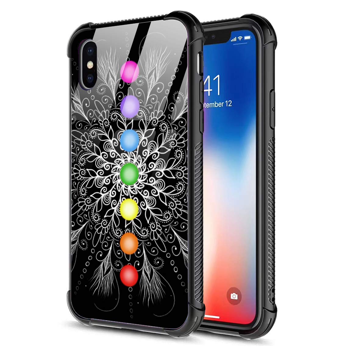 Premium Shockproof iPhone Xs Max Case with Tempered Glass & Mandala Chakra Design - Anti-Scratch Protective Cover for Apple iPhone Xs Max 6.5