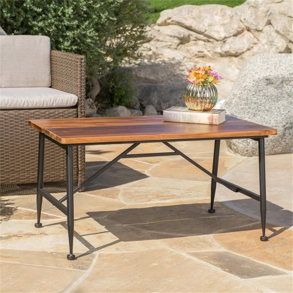 Noble House Ocala Outdoor Acacia Wood and Iron Coffee Table - Weather-Resistant Brown/Black Patio Furniture for Garden, Deck, or Poolside Use