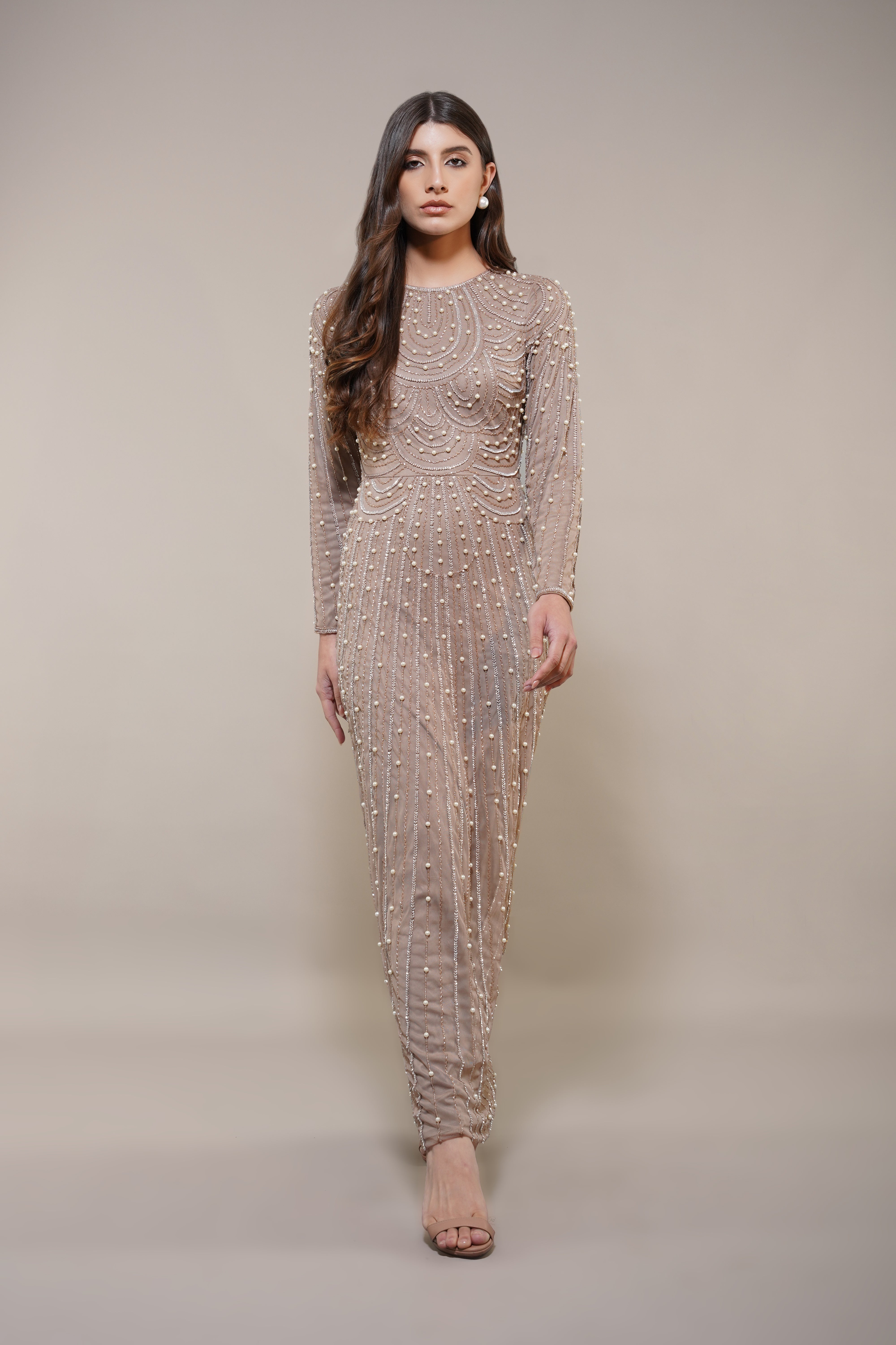 Elegant Mabel Embellished Maxi Dress in Taupe - Perfect for Weddings, Parties & Special Occasions