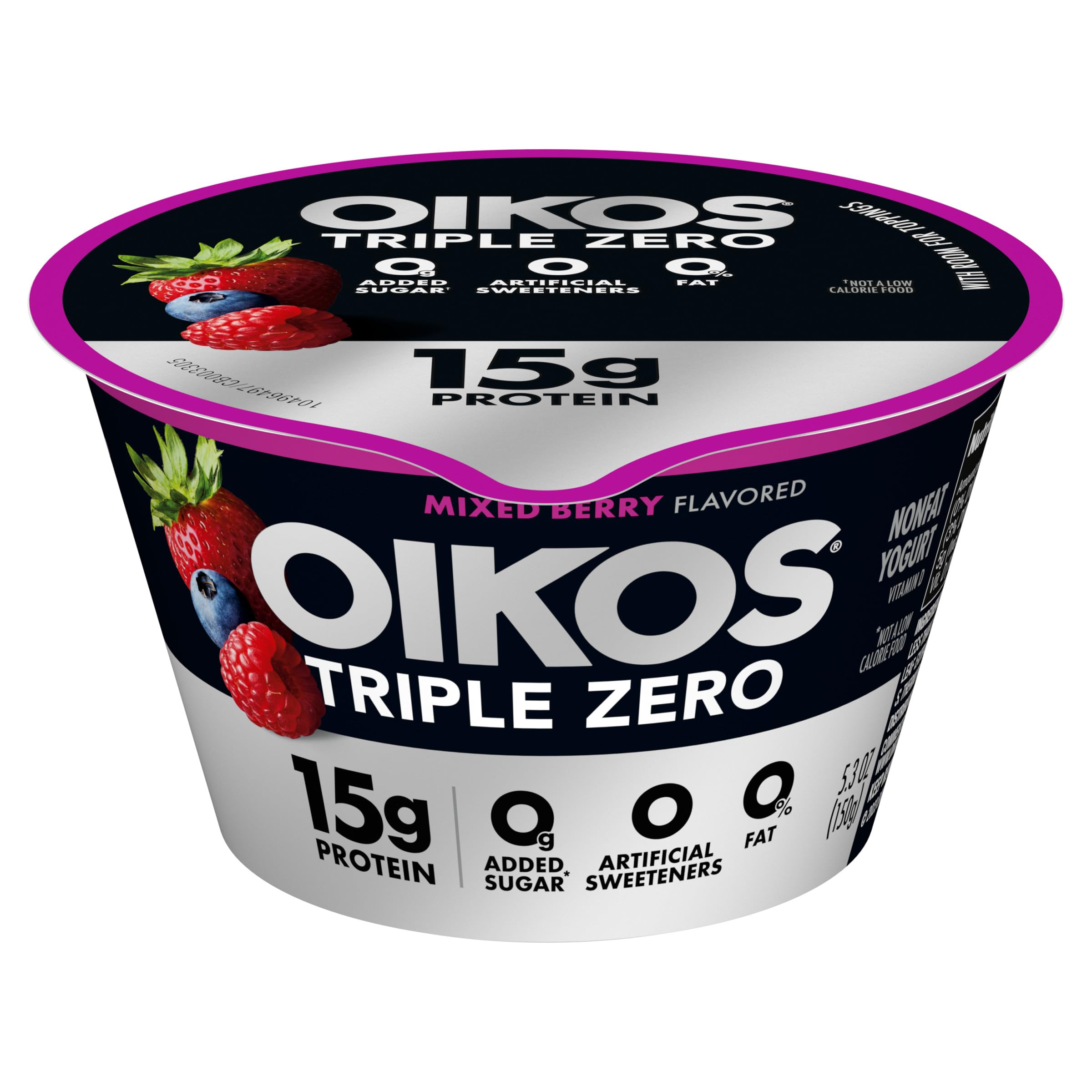 Oikos Triple Zero Mixed Berry Nonfat Greek Yogurt - 0% Fat, 0g Added Sugar, No Artificial Sweeteners | High Protein Yogurt Snack (5.3 oz Cup) | Perfect for Breakfast, Post-Workout & Healthy Snacking