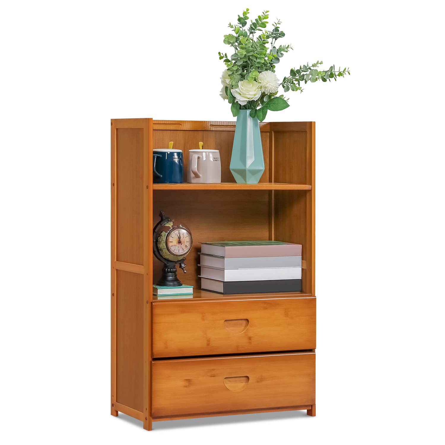 MoNiBloom 2-Tier Bamboo Bookcase with 2 Drawers - Freestanding Storage Shelf Organizer for Living Room, Bathroom, Kitchen & Office - Natural Brown Wooden Shelf for Books, Decor & Home Organization