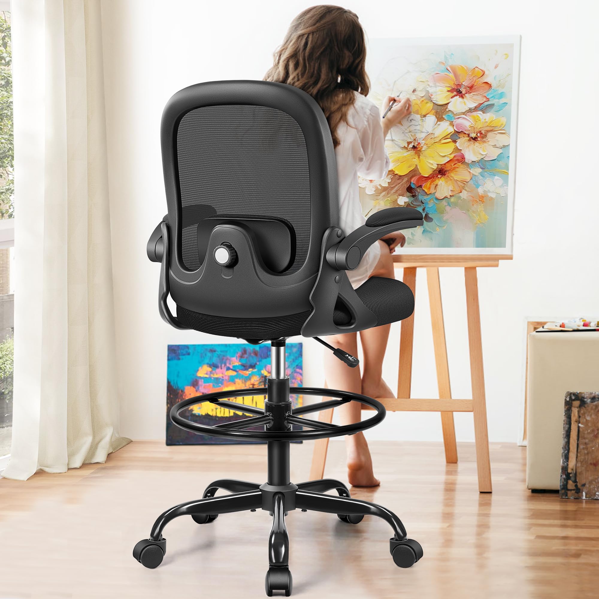Ergonomic Drafting Chair with Adjustable Footrest & 3D Lumbar Support - Tall Office Chair for Standing Desks, Flip-Up Armrests, Swivel Stool - Perfect for Artists, Architects & Home Office Workstations (Black)