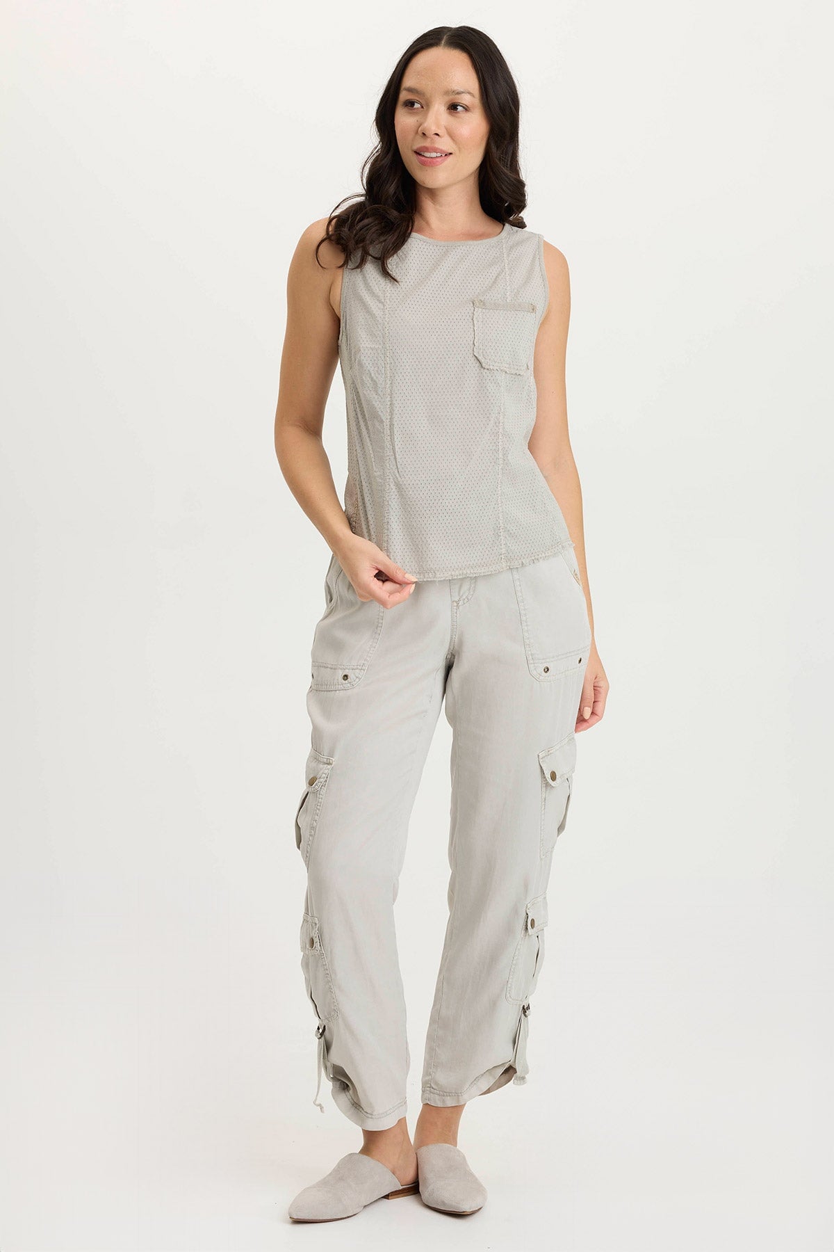 Landis Perforated Poplin & Jersey Pocket Tank Top - Breathable Summer Casual Shirt for Women - Perfect for Beach, Travel, and Everyday Wear