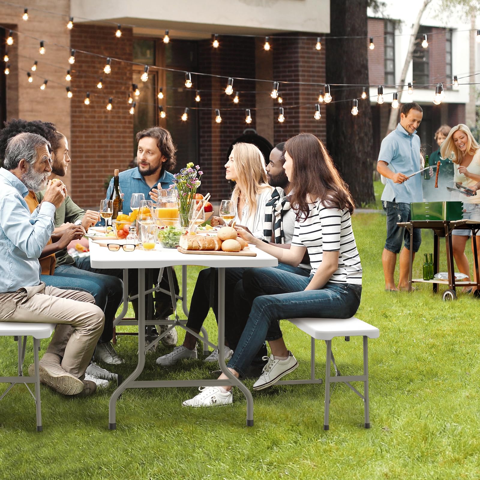 VINGLI 6-Foot Picnic Table Set with 2 Benches - 3-Piece Folding Camping Furniture for Indoor & Outdoor Use - Smooth White Tabletop - Perfect for Backyard BBQs, Camping Trips & Patio Dining