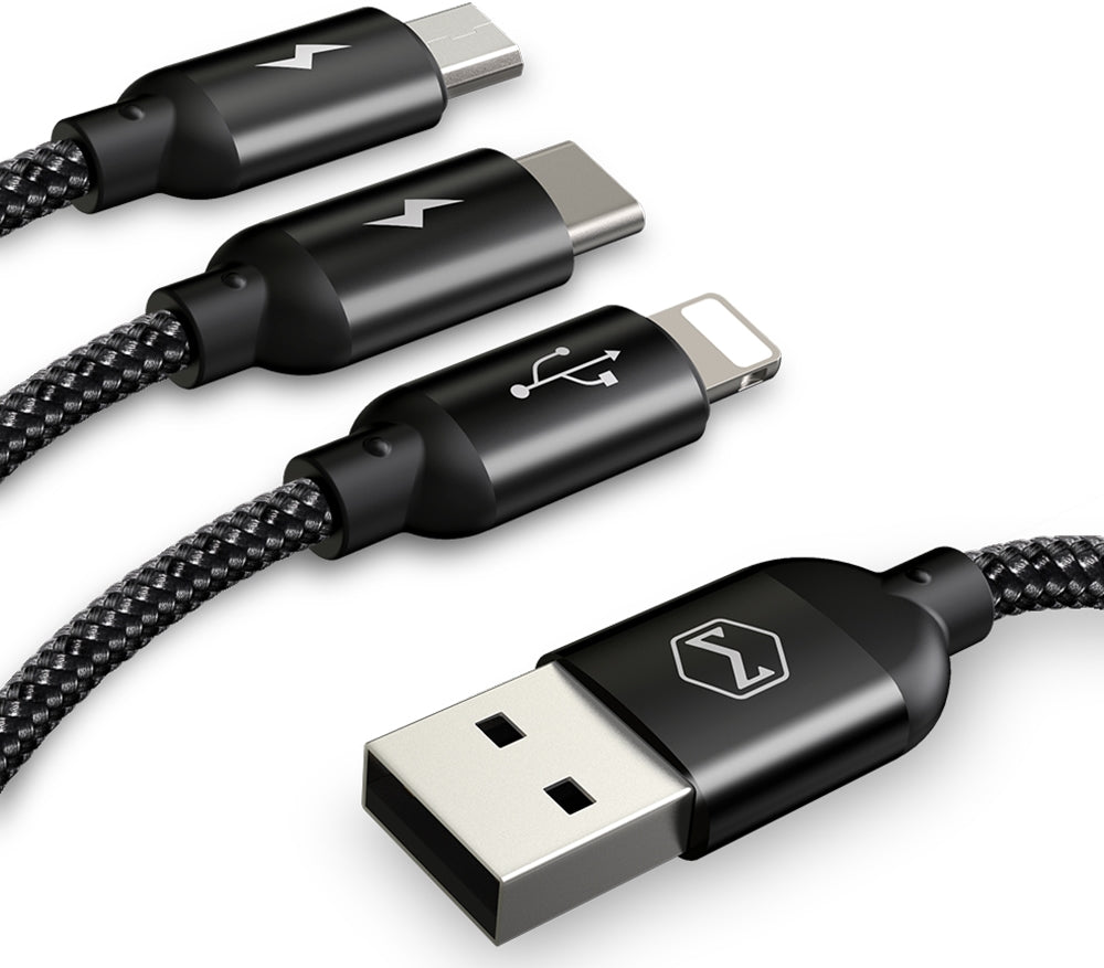 3-in-1 Charging Cable - Lightning, Micro USB & USB-C to USB Fast Charger & Data Sync Cable for iPhone, Android & More - Perfect for Home, Office & Travel