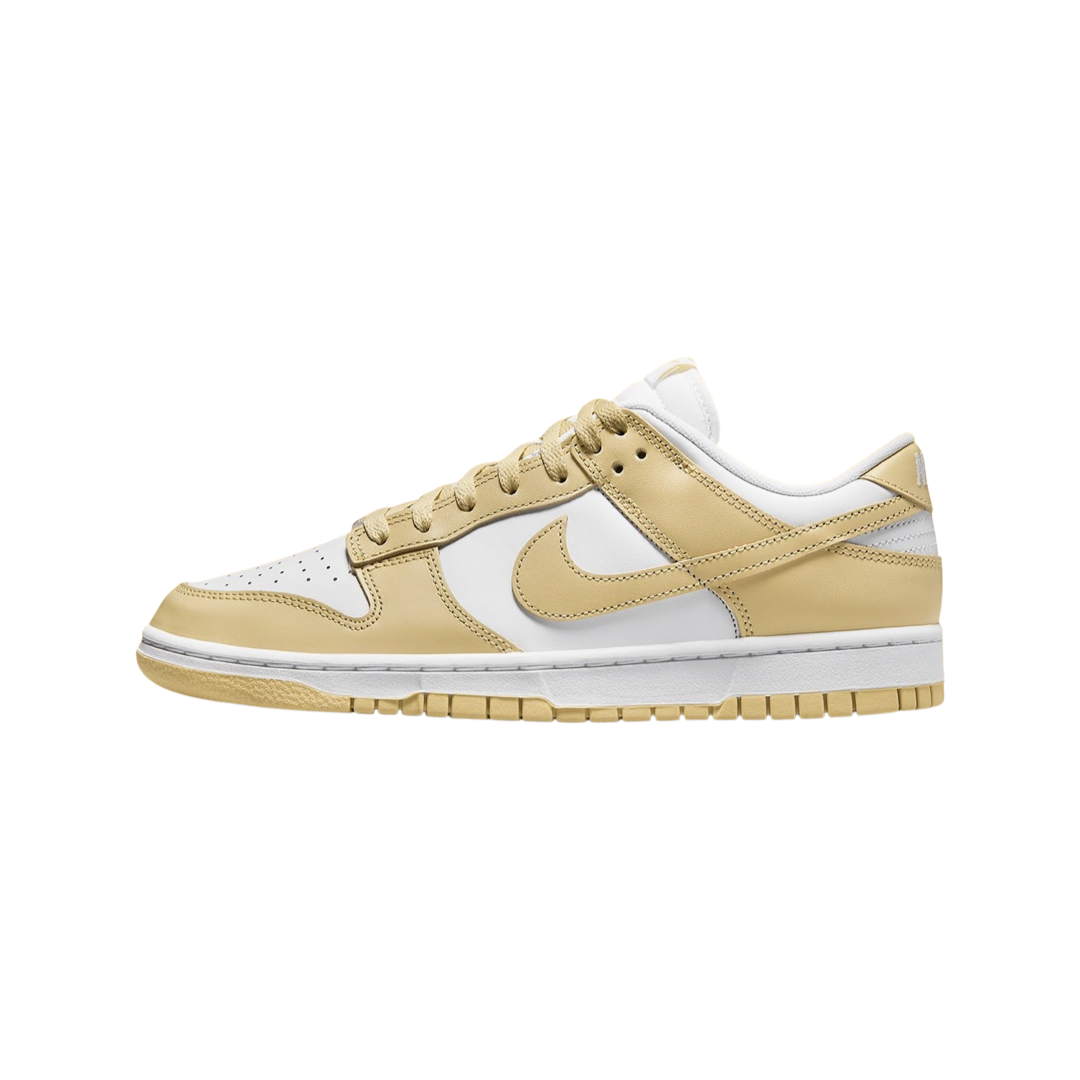 Nike Dunk Low Sneakers - White, Team Gold & Wolf Grey Colorway | Men's & Women's Casual Shoes for Everyday Wear, Street Style & Sneaker Collection
