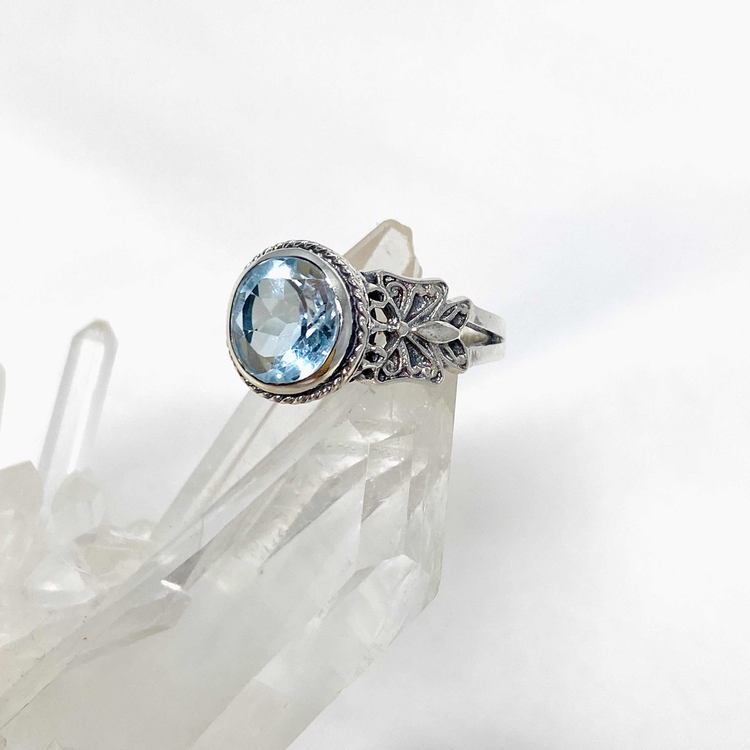 Blue Topaz Faceted Round Ring in Sterling Silver - Elegant Jewelry for Women, Perfect for Weddings, Anniversaries & Special Occasions