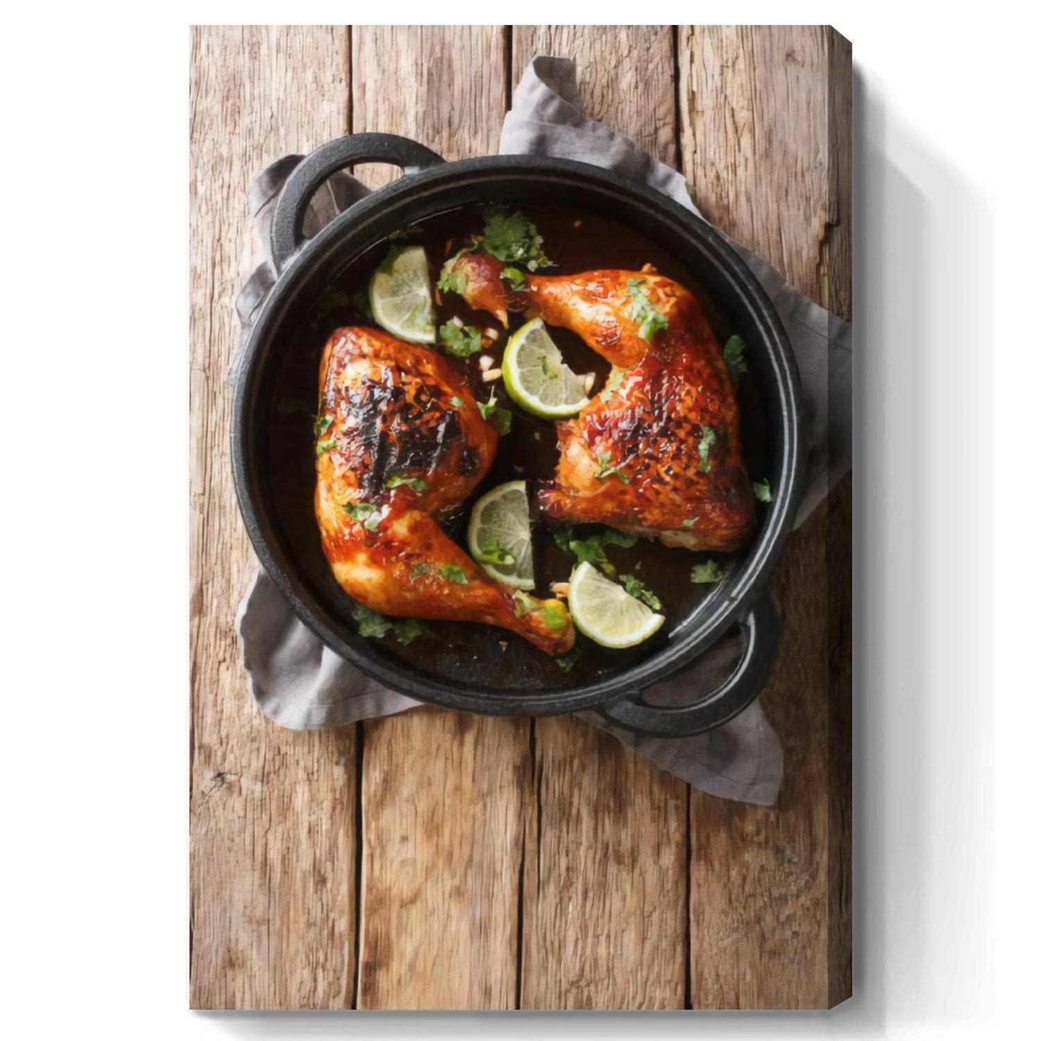 Premium Framed Canvas Wall Art - Tamarind Chicken Quarter Leg with Lime in Frying Pan Vertical Kitchen Decor | Large 24x36 Inch Ready to Hang Painting for Living Room, Bedroom & Dining Room | Perfect for Foodie Home Decor & Restaurant Wall Art