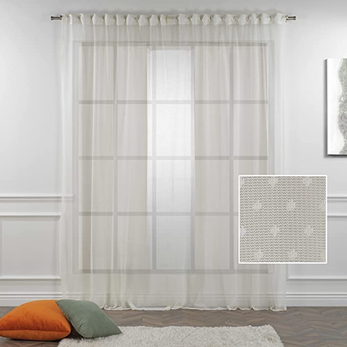 Elegant Cream Lace Sheer Curtains with Dots Pattern - Extra Long Set of 2 Panels (52