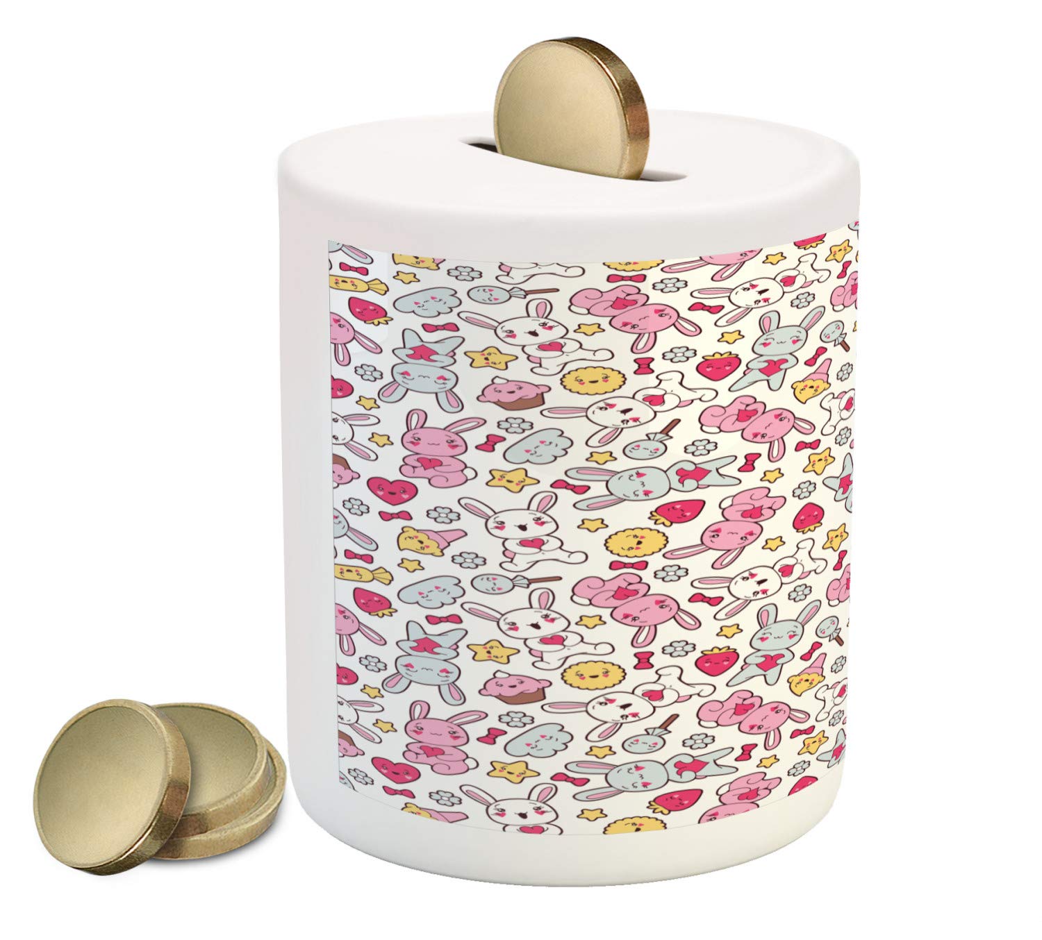 Ambesonne Anime Ceramic Piggy Bank - Japanese Cartoon Design with Happy Bunnies, Cupcakes, Hearts & Flowers - 3.6