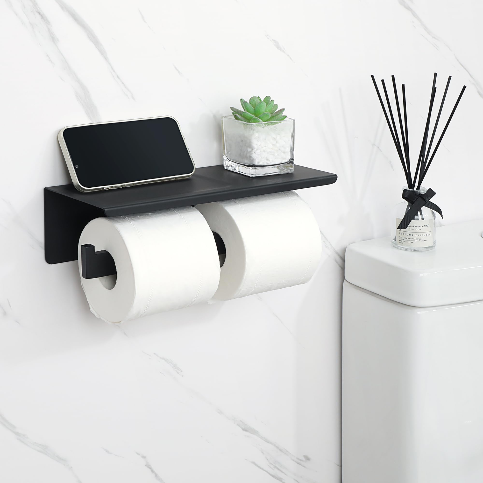 Stainless Steel Toilet Paper Holder with Shelf - SUS304 Bathroom Tissue Roll Dispenser, Wall Mount or Adhesive Installation, Matte Black - Perfect for Modern Bathrooms, Powder Rooms & RVs