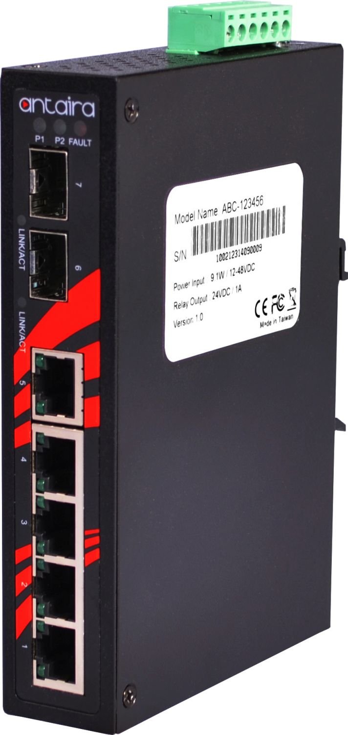 Antaira LNX-0702C-SFP Industrial 7-Port Fast Ethernet Switch with 2 SFP Slots, DIN Rail Mount, -10°C to 70°C Operating Temp, 12-48VDC Redundant Power - Ideal for Factory Automation, SCADA Systems & Harsh Industrial Environments