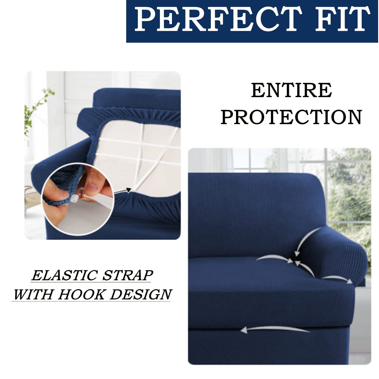 4-Piece T-Cushion Sofa Slipcovers - Thick Stretchable Couch Cover Furniture Protector for 3-Cushion Sofa with Washable Removable Covers - Navy Blue - Perfect for Living Room, Family Room & Home Decor Protection