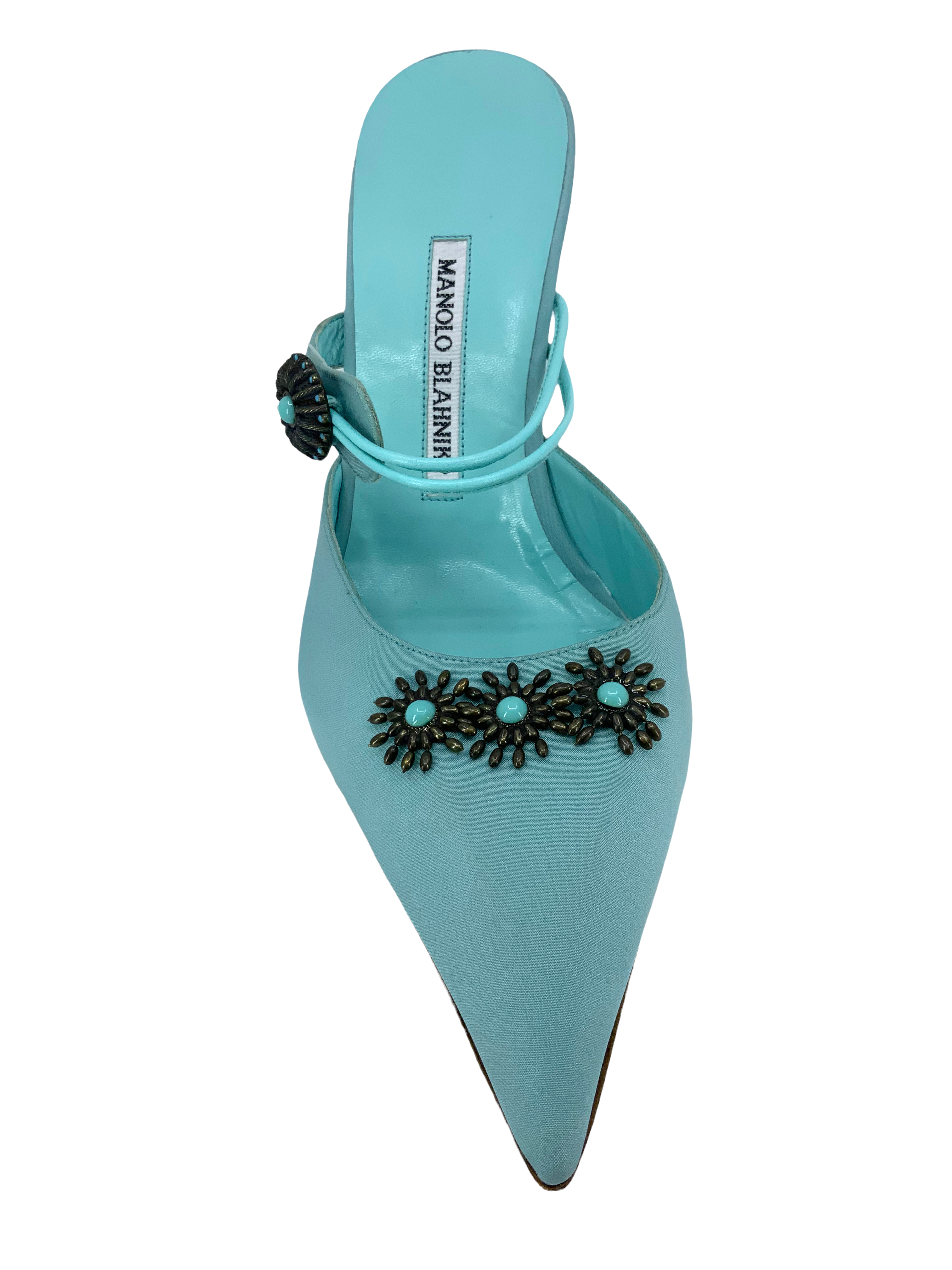 Manolo Blahnik Embellished Satin Mary Jane Mules Women's Size 11 - Elegant Party Shoes for Weddings, Evening Events & Special Occasions