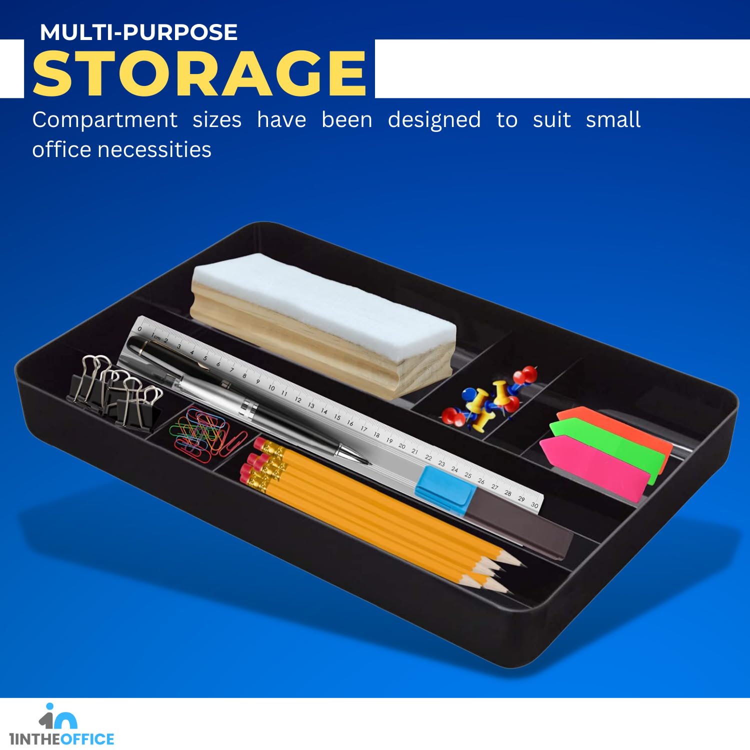 1InTheOffice 7-Compartment Desk Drawer Organizer Tray - Black Plastic Storage Solution (14.13