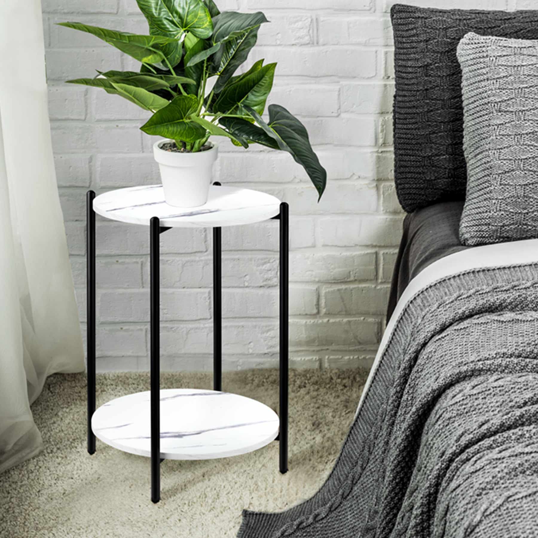 Modern Round End Table with Storage Shelf - 2-Tier Small Side Table, Faux Marble Nightstand with Metal Frame for Living Room, Bedroom or Small Spaces - Perfect White Accent Table (Black) for Coffee Table, Reading Nook or Entryway Decor