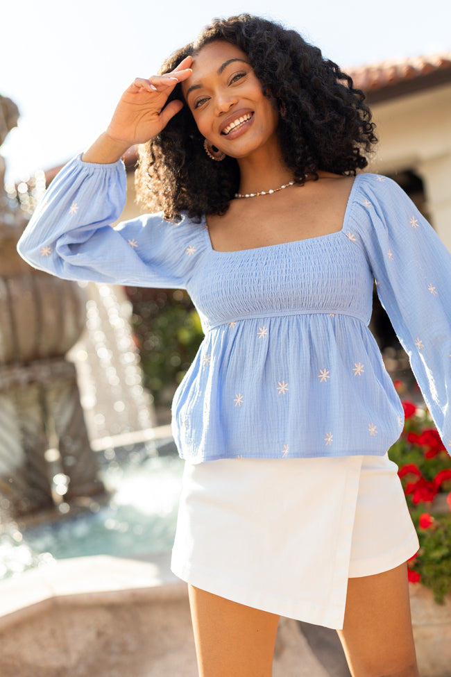 Darling Days Blue Floral Embroidered Gauze Top - Women's Boho Chic Blouse for Summer, Beach, and Casual Outings