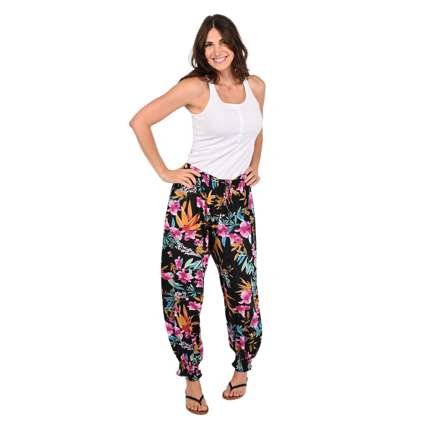 TAMSY Women's Black and Yellow Floral Print Pants - High Waisted Casual Trousers for Graduation, Party, Office Wear (One Size)