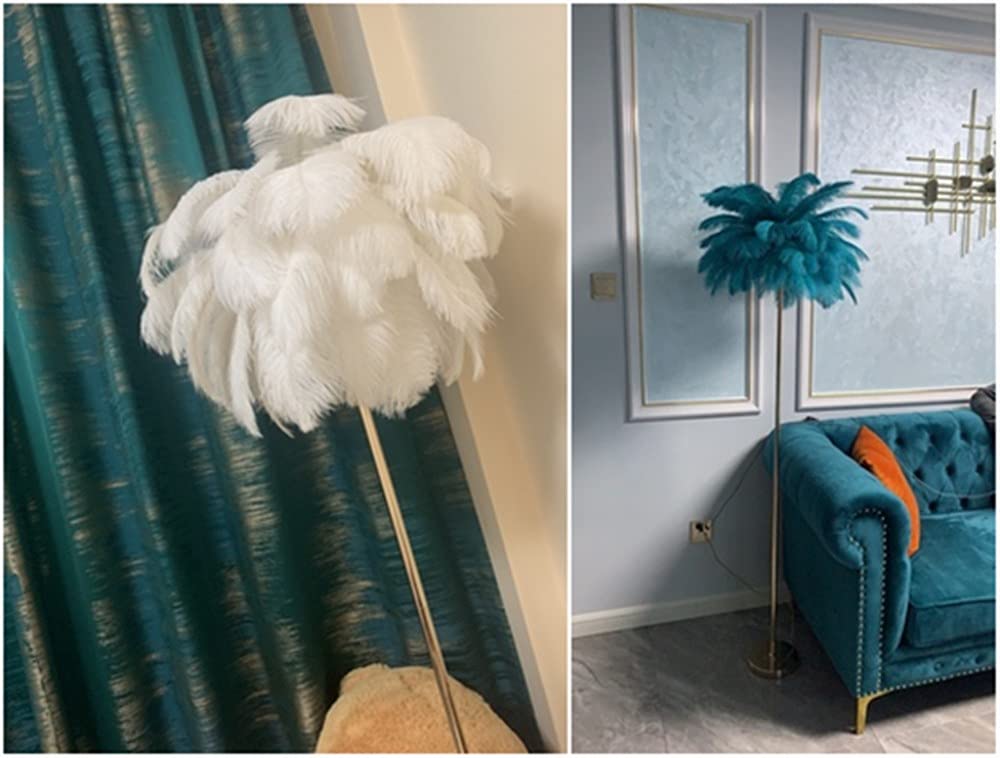 Natural White Ostrich Feather Floor Lamp - Modern Standing Light for Living Room & Bedroom Decor - Elegant Pink Girl's Room Lighting - Perfect for Cozy Reading Nook or Boho Chic Home Decor