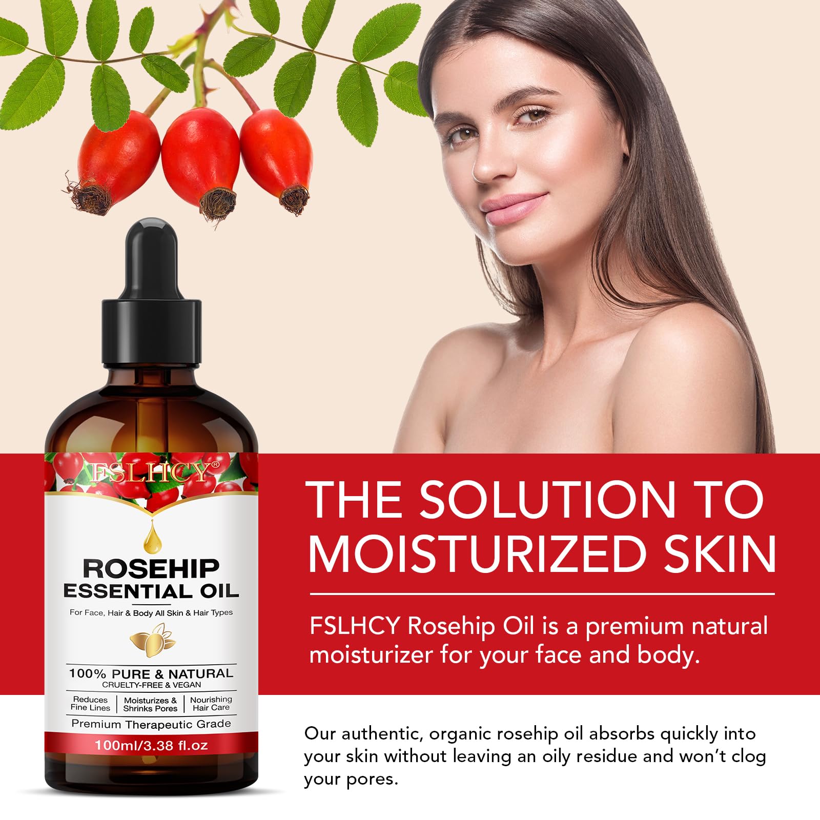 Organic Cold Pressed Rosehip Seed Oil 3.38 oz - 100% Pure & Natural Face Oil for Skin Care, Hair Growth, Gua Sha & Massage | Anti-Aging Moisturizer for Dry Skin, Acne Scars & Wrinkles | Perfect for Night Routine & DIY Beauty Treatments