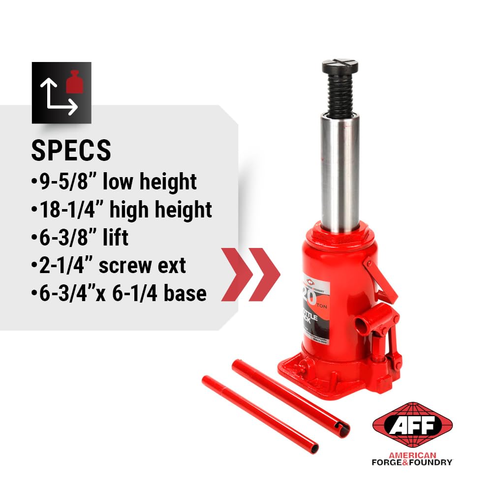 20 Ton Heavy Duty Bottle Jack - Manual Hydraulic Jack with Hardened Steel Saddles, Centered Pumps & Rams (Model 3520) - Ideal for Auto Repair, Construction, and Industrial Lifting Applications