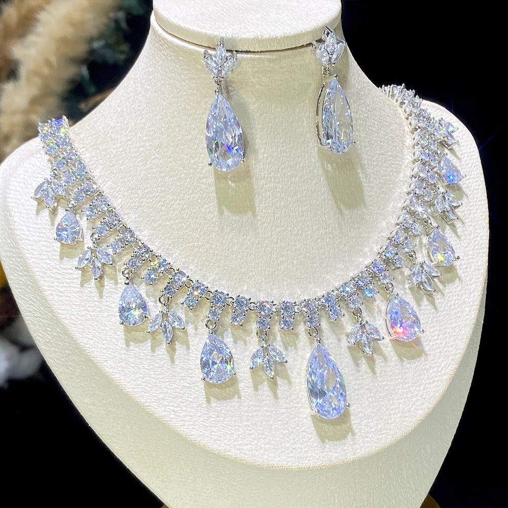 Elegant Droplet Cubic Zirconia Tassel Bridal Jewelry Set - Necklace & Earrings for Wedding, Prom, Evening Gala & Special Occasions | Perfect Gift for Bride, Bridesmaids & Formal Events