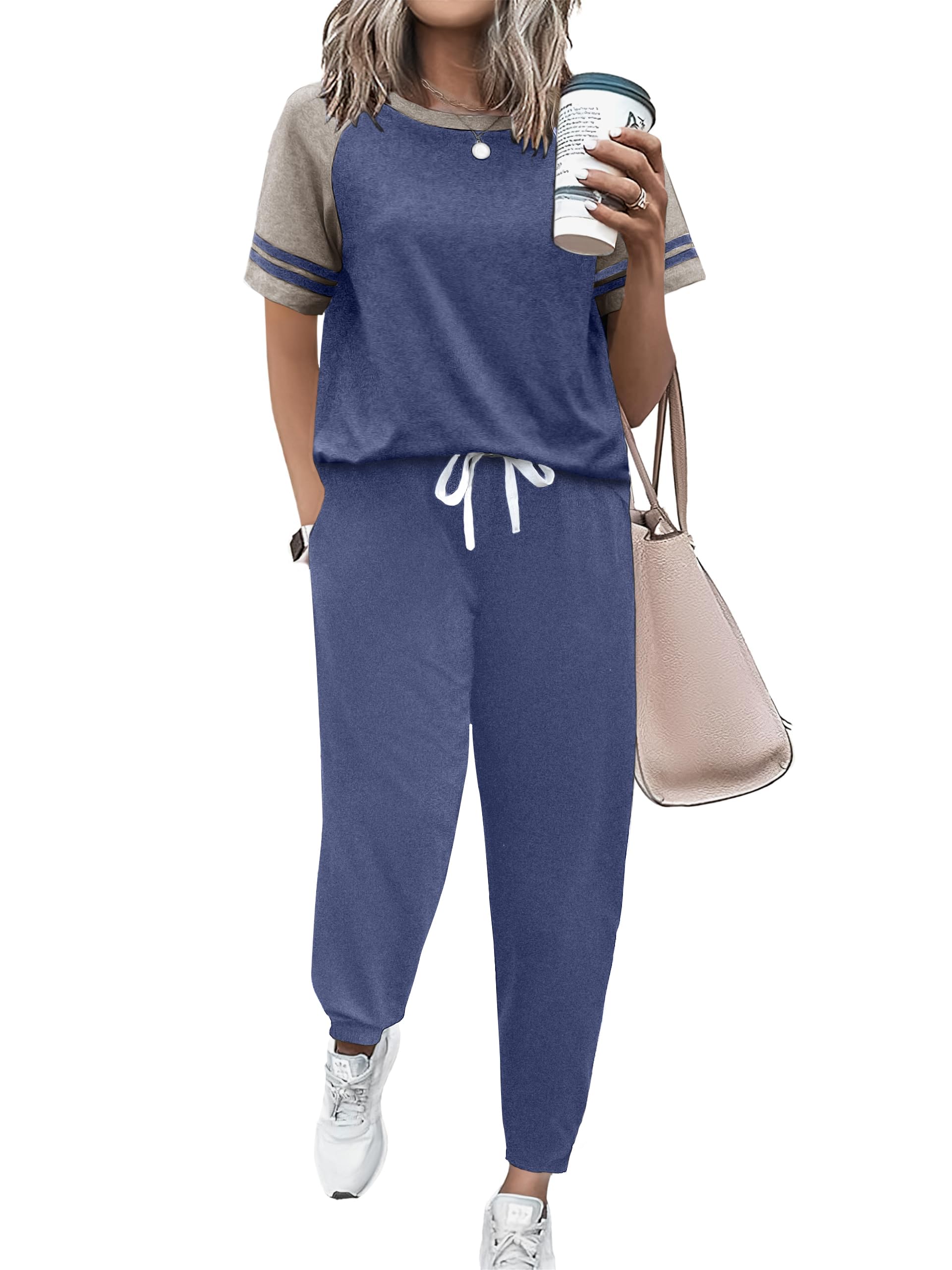 Ekouaer Women's 2-Piece Lounge Set - Soft Short Sleeve Crewneck Jogger Outfit & Sweatpants Tracksuit for Home, Sleep & Relaxation | Comfortable Pajama Set for Women
