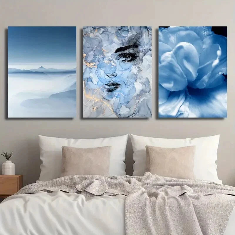 3-Piece Abstract Blue Mountain and Cloud Metal Wall Art - Ready to Hang Modern Home Decor for Living Room, Bedroom & Office