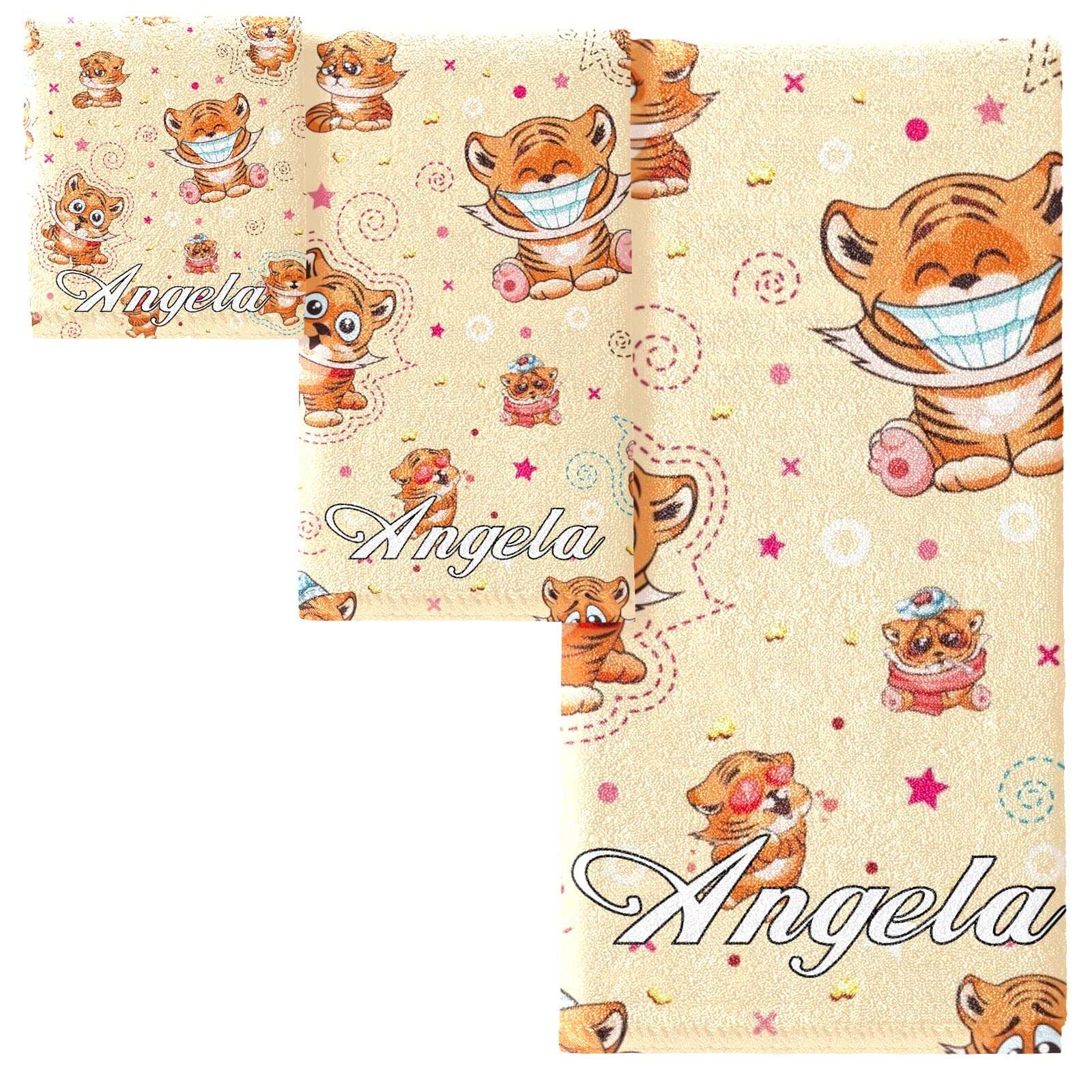 Personalized Cute Cartoon Tiger Towels Set - 3-Piece Highly Absorbent Bath Towel Collection (Beach Towel, Washcloth, Hand Towel) - Perfect for Baby Showers, Kids Bathrooms & Unique Gifts