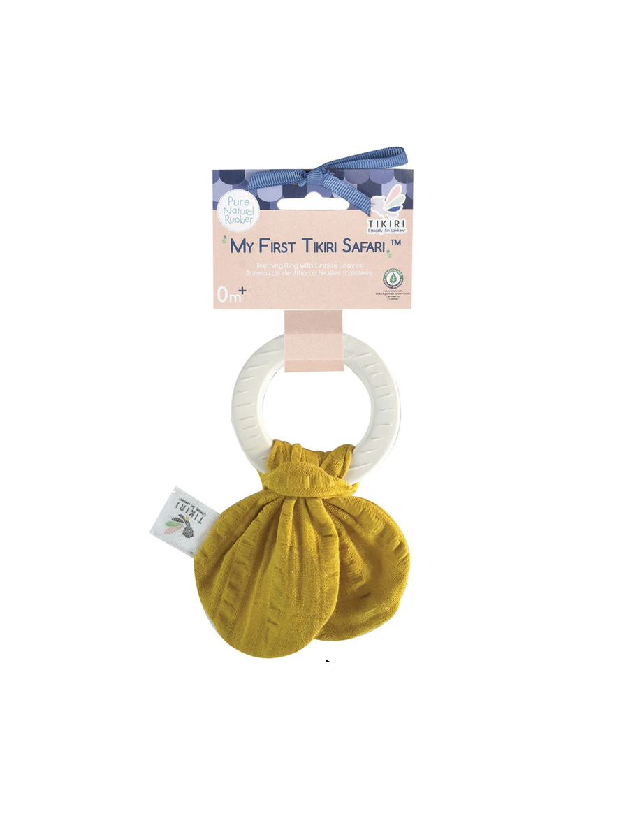 Tikiri Natural Rubber Teether & Crinkle Toy for Babies - Mustard Muslin Tie - Soothing Teething Relief & Sensory Play for Infants