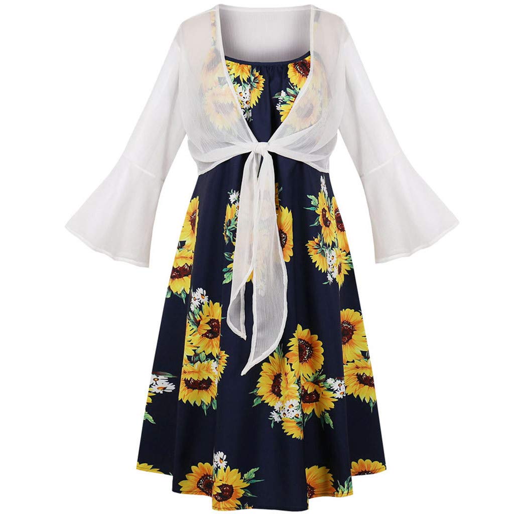 LISTHA Women's 2-Piece Sunflower Mini Dress & Cardigan Set - Floral Print Flare Sleeve Blouse for Spring/Summer, Date Night, Beach Cover-Up, and Casual Outings