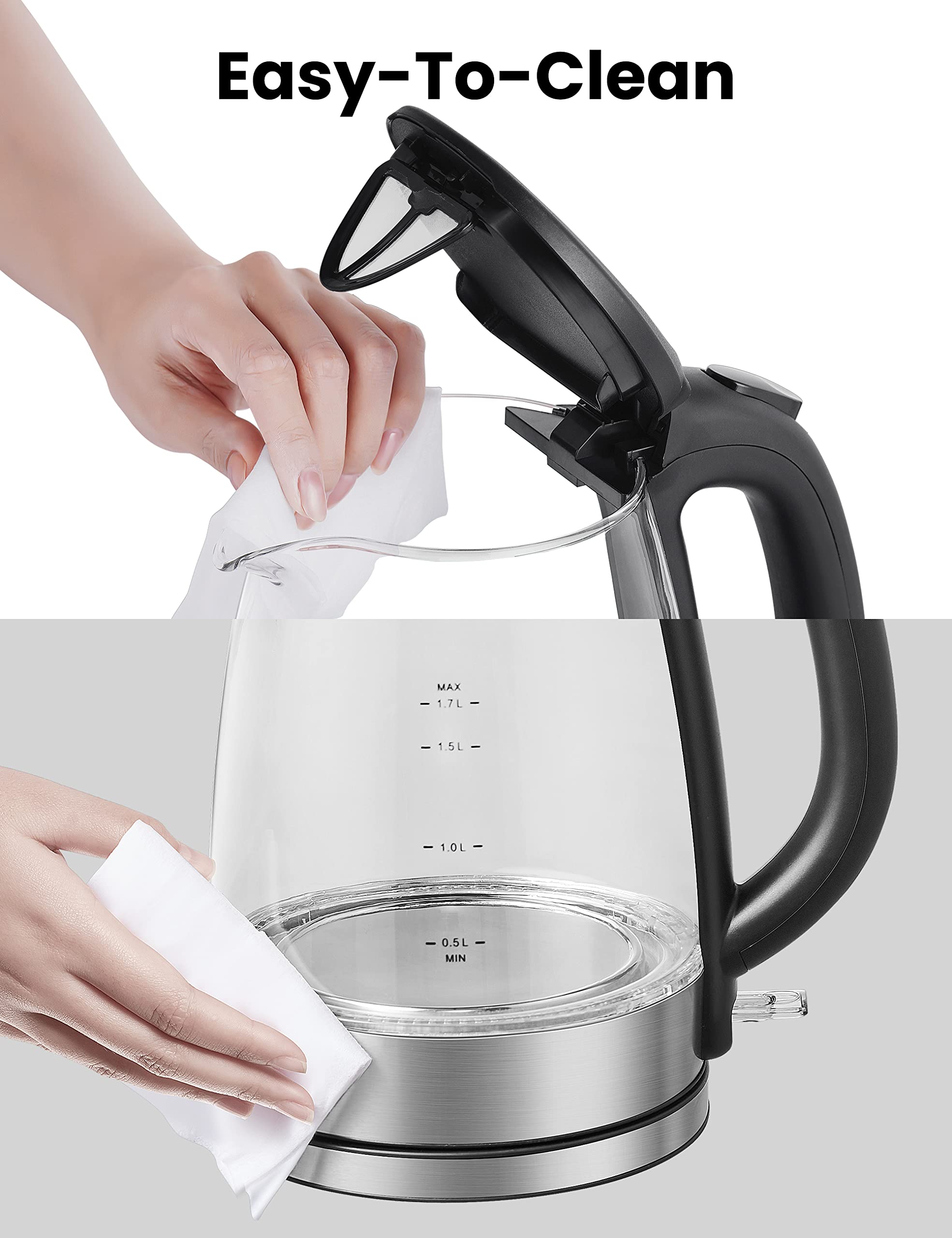COMFEE' 1.7L Glass Electric Tea Kettle with LED Indicator - 1500W Fast Boiling, Auto Shut-Off & Boil-Dry Protection - Perfect for Home, Office & Tea Lovers - BPA Free Hot Water Kettle for Coffee, Tea & Instant Meals