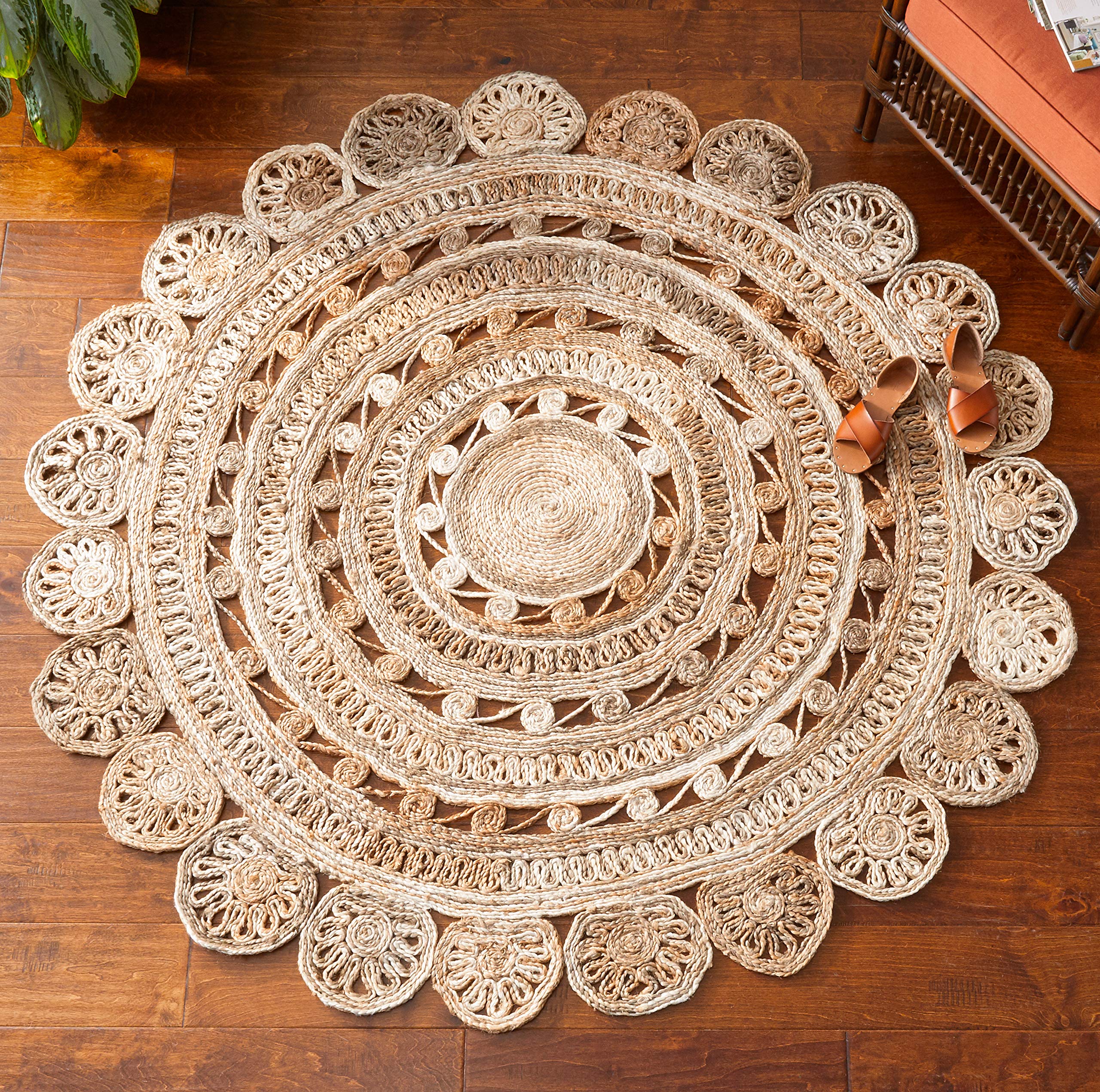 LR Home Natural Jute 6ft Round Braided Area Rug - Modern Boho Farmhouse Style for Living Room, Bedroom, Playroom Decor | Eco-Friendly Natural/Ivory Indoor Carpet | Perfect for Cozy Home, Apartment & Nursery Floor Covering