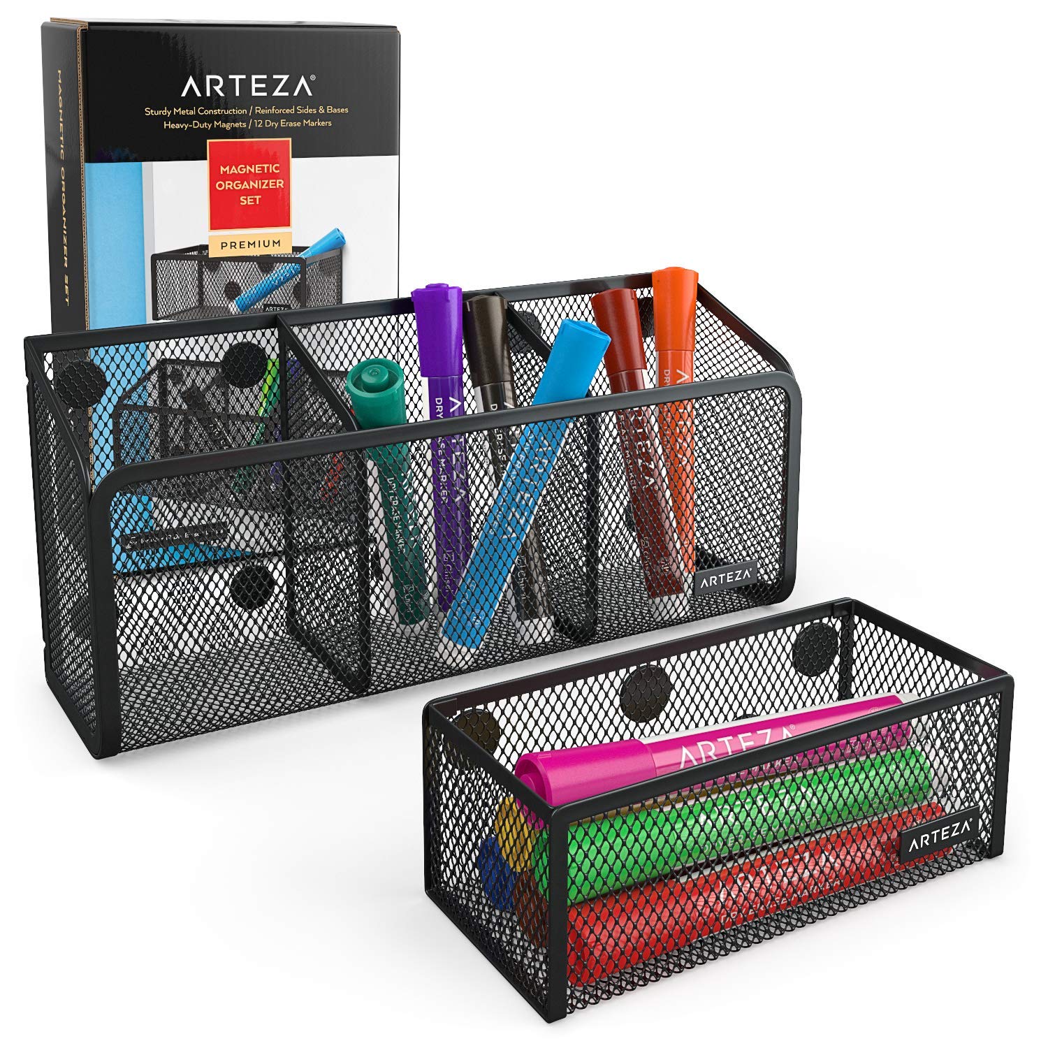 Arteza Mesh Magnetic Basket Organizers Set of 2 - Includes 12 Dry Erase Markers for Whiteboard Accessories | Office & School Storage Solution for Pens, Markers & Supplies | Perfect for Classroom, Home Office & Workstation Organization
